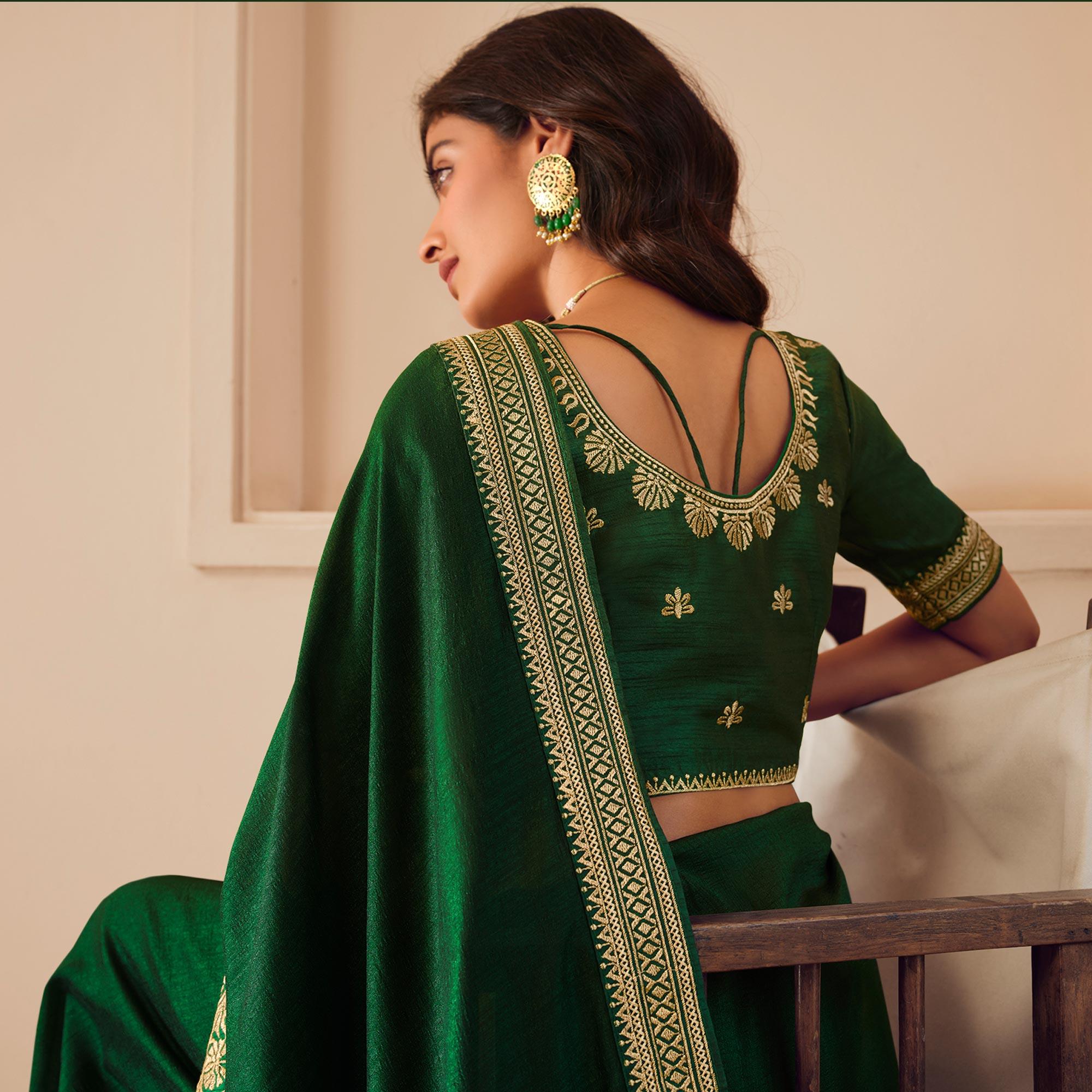 Green Solid Vichitra Silk Saree With Tassels - Peachmode