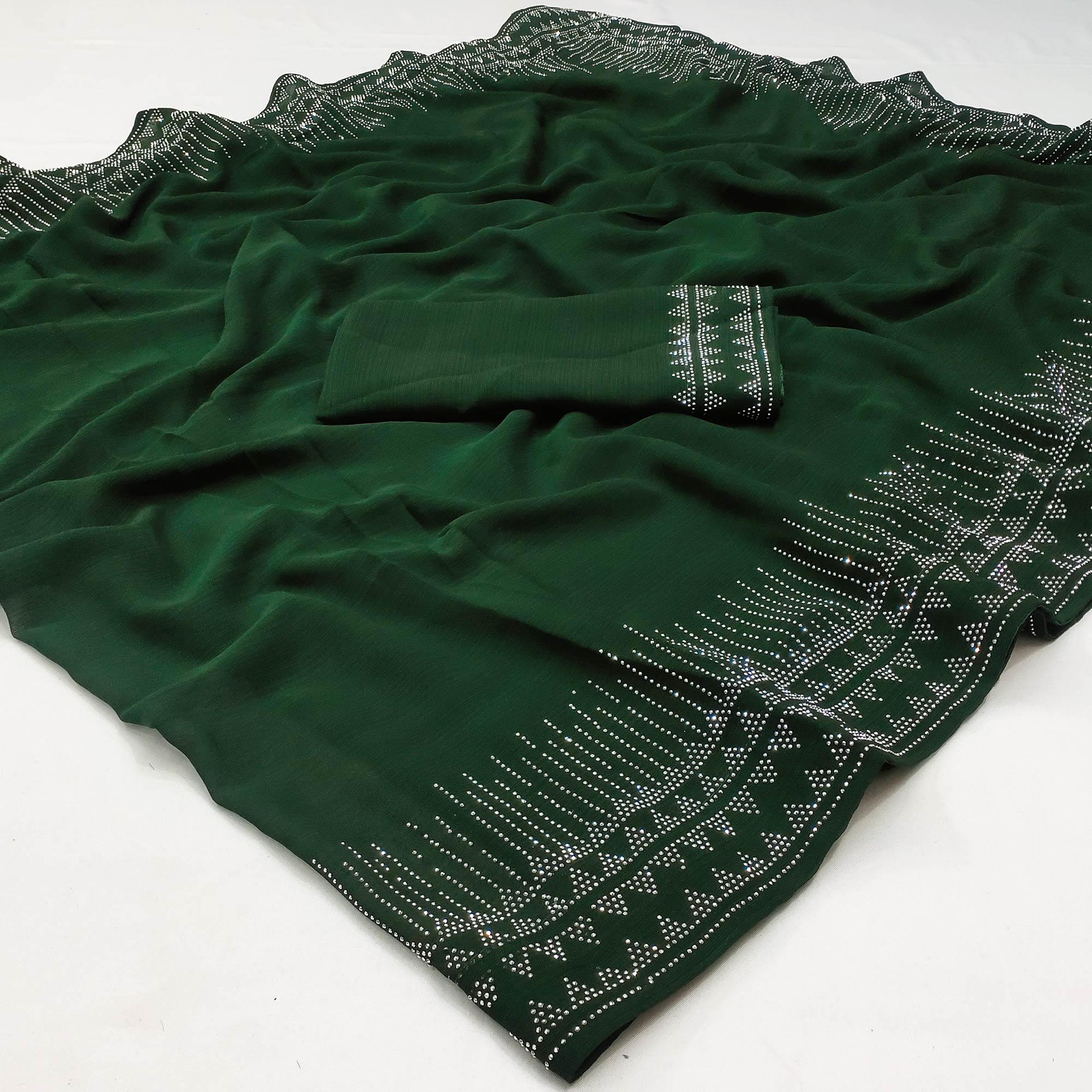 Green Solid With Sequence Work Chiffon Saree - Peachmode