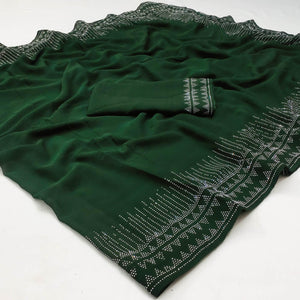 Green Solid With Sequence Work Chiffon Saree - Peachmode