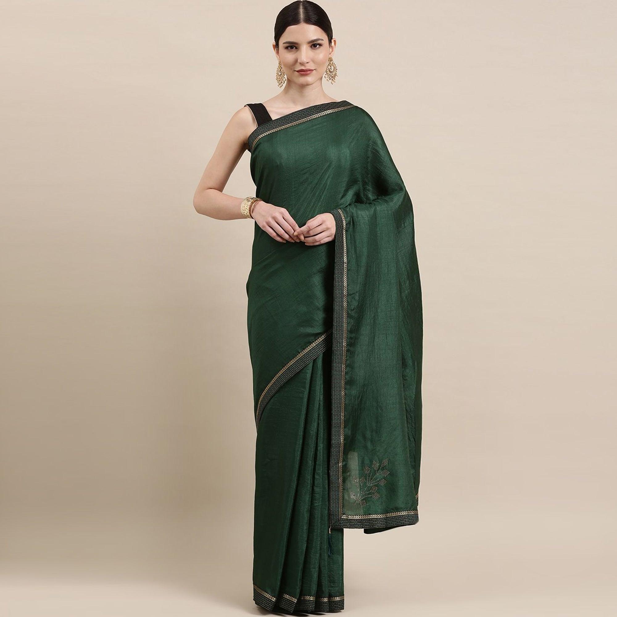Green Solid With Woven Border Art Silk Saree - Peachmode