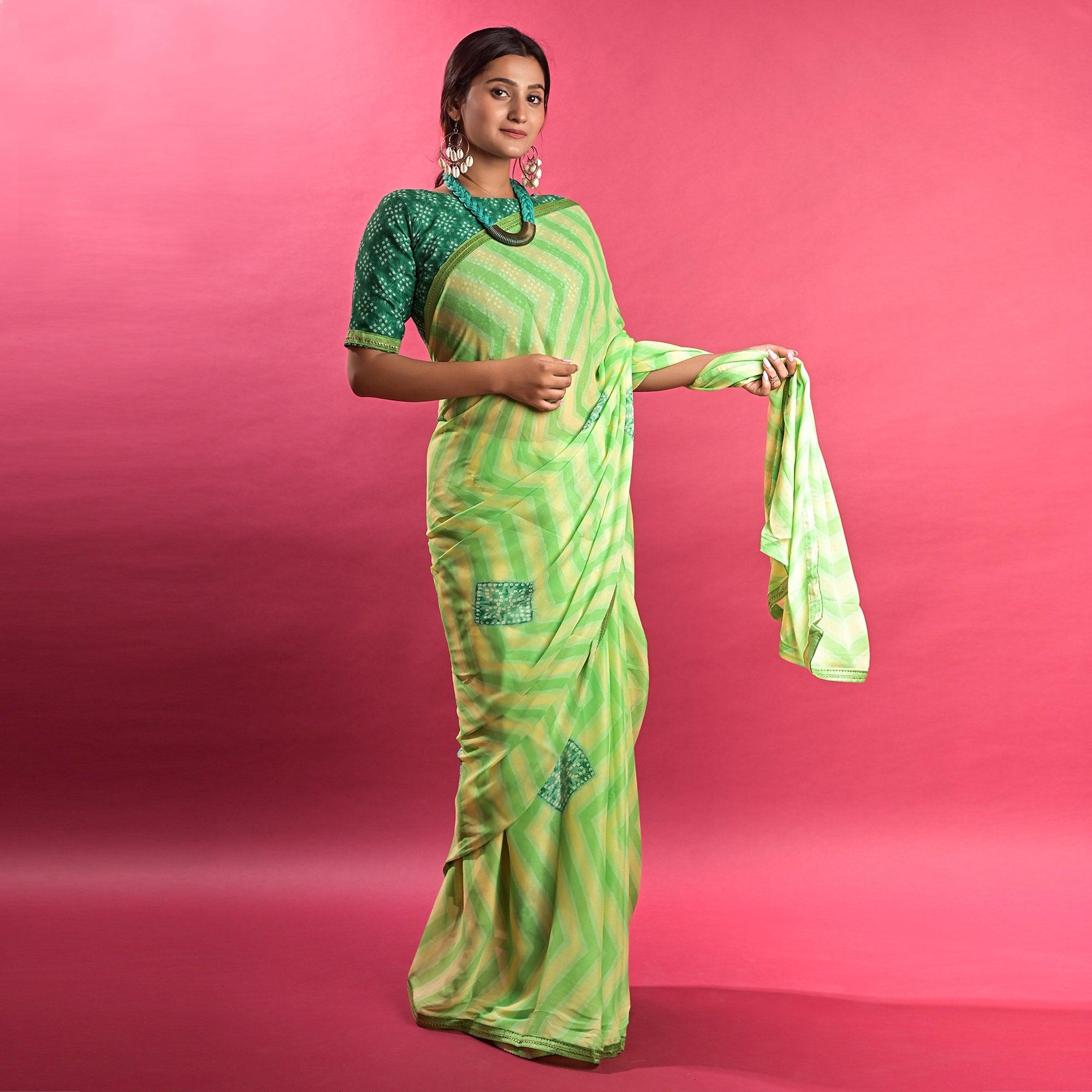 Green Stripe Printed Chiffon Saree - Peachmode