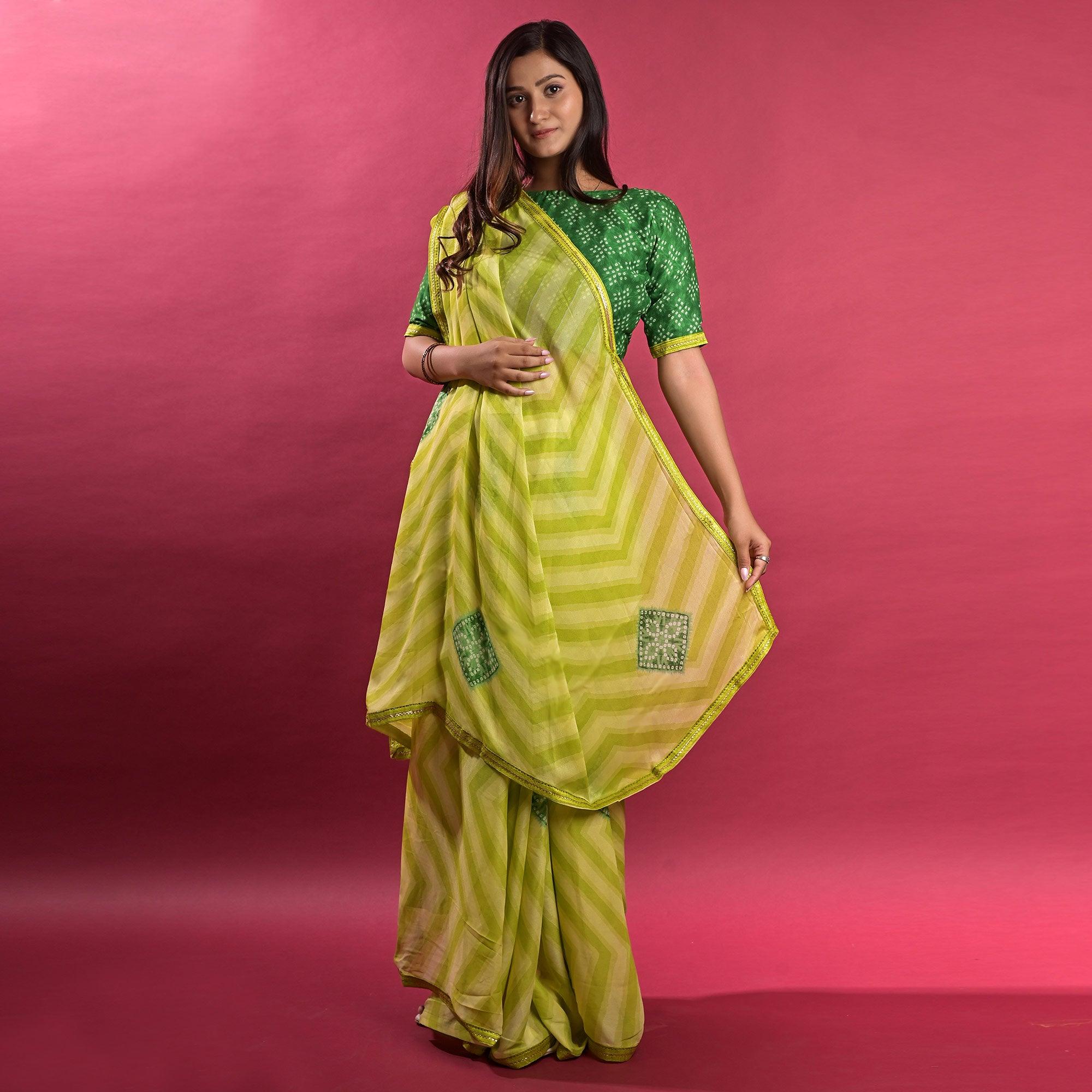 Green Stripe Printed Chiffon Saree - Peachmode
