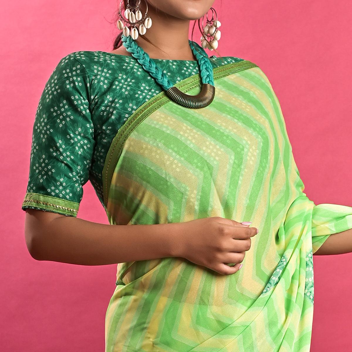 Green Stripe Printed Chiffon Saree - Peachmode