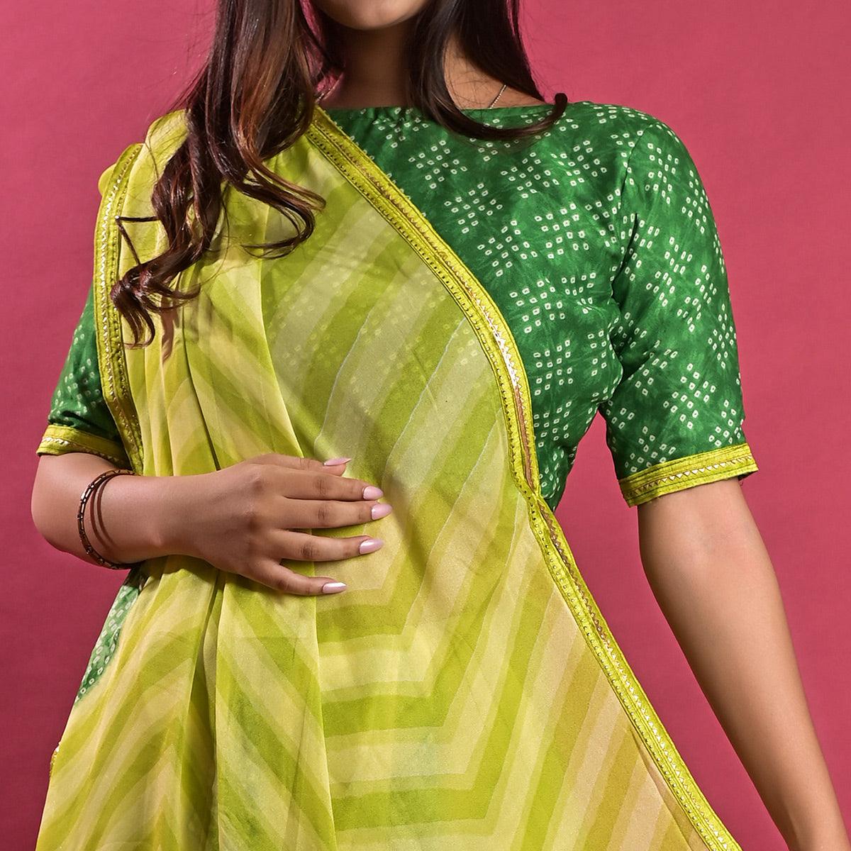 Green Stripe Printed Chiffon Saree - Peachmode