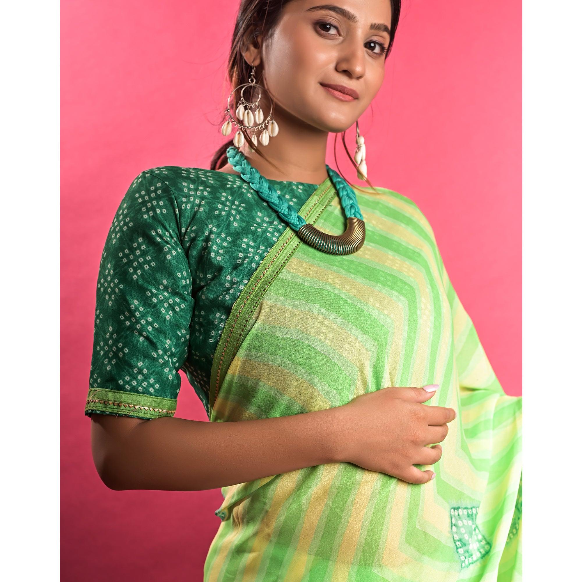 Green Stripe Printed Chiffon Saree - Peachmode