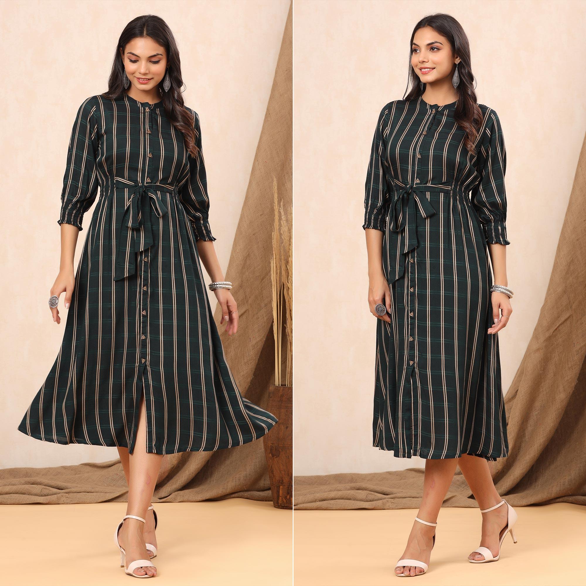 Green Stripe Printed Rayon Dress - Peachmode
