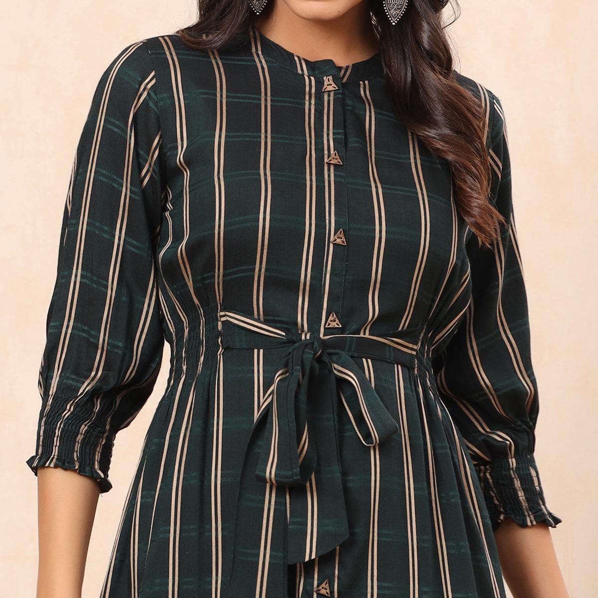 Green Stripe Printed Rayon Dress - Peachmode