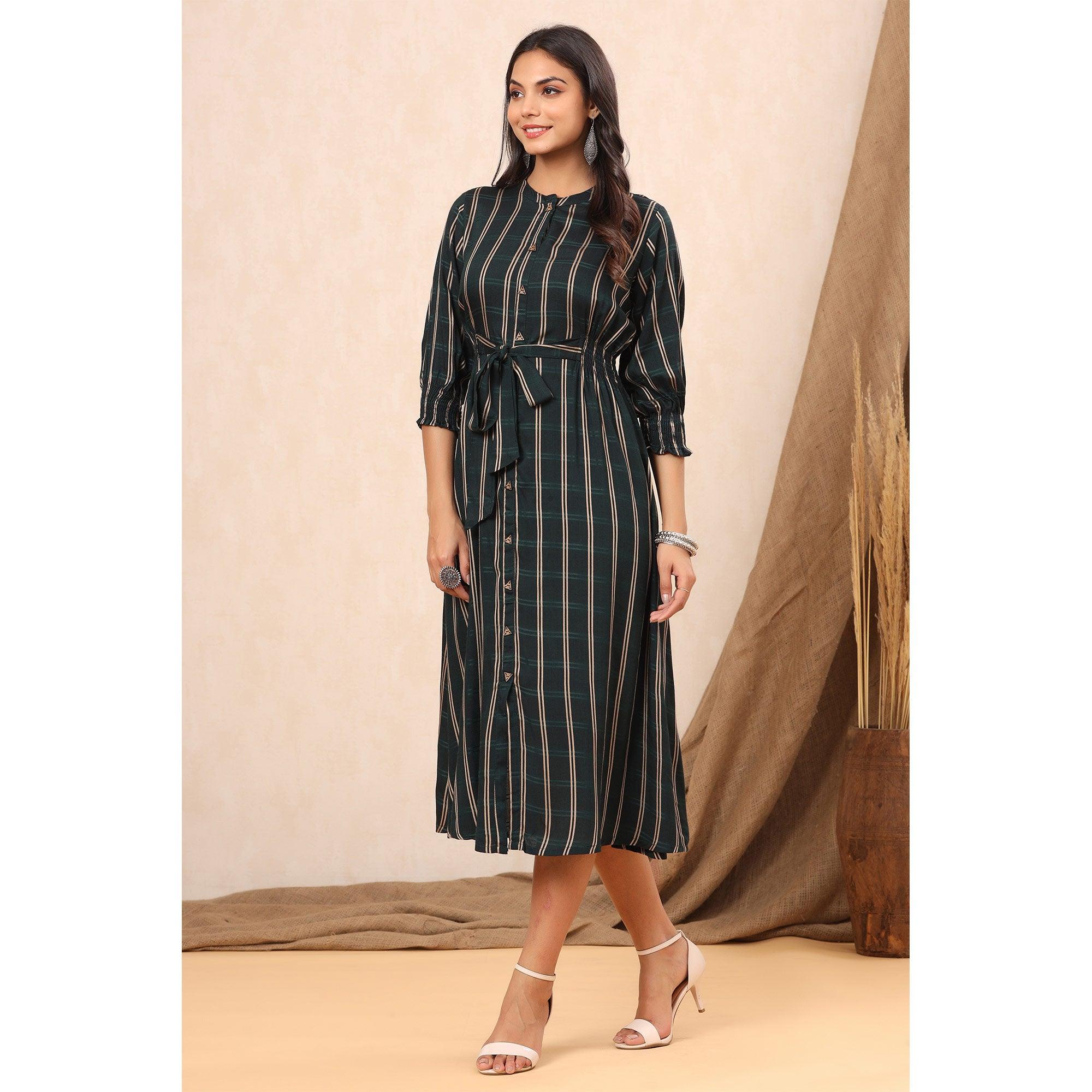 Green Stripe Printed Rayon Dress - Peachmode