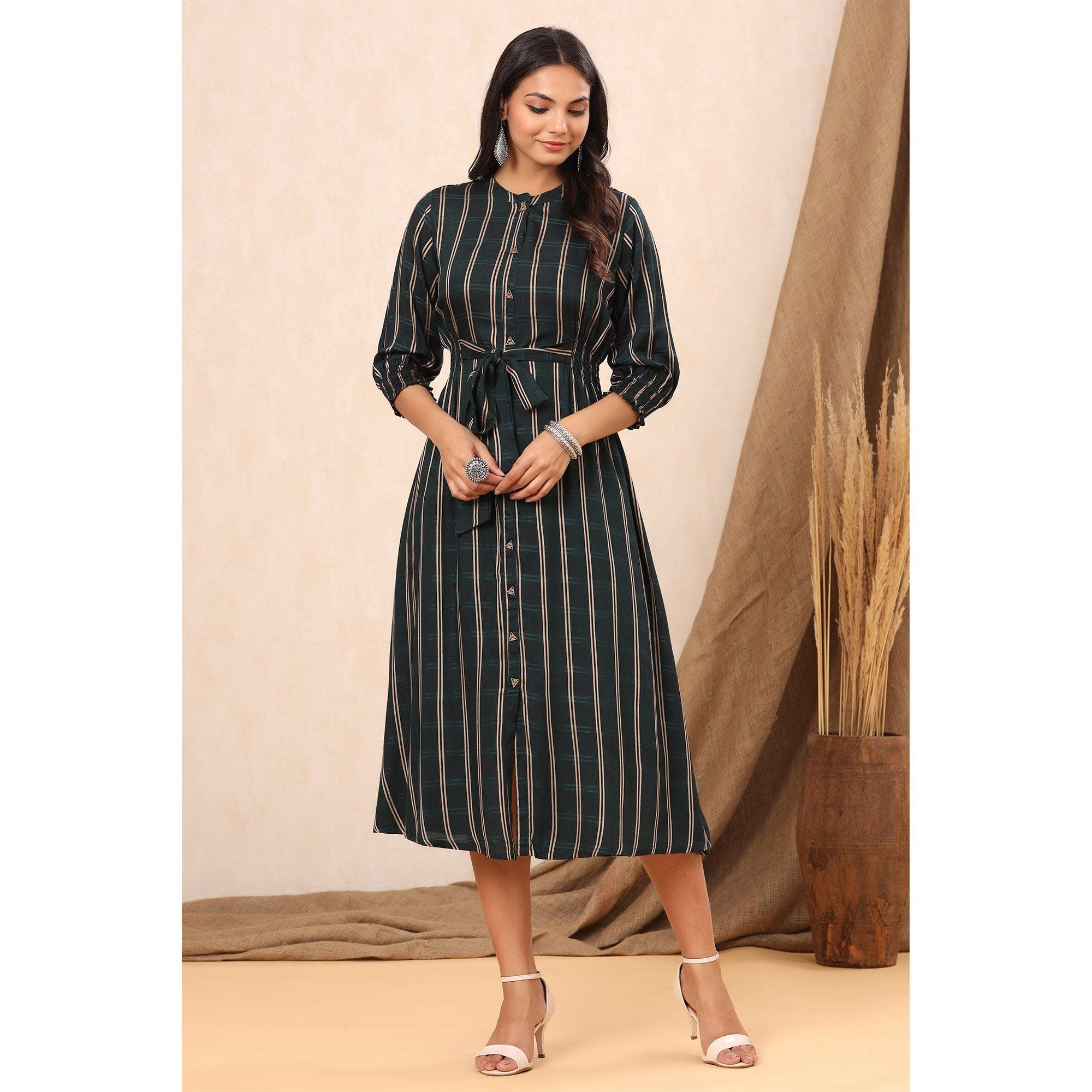 Green Stripe Printed Rayon Dress - Peachmode
