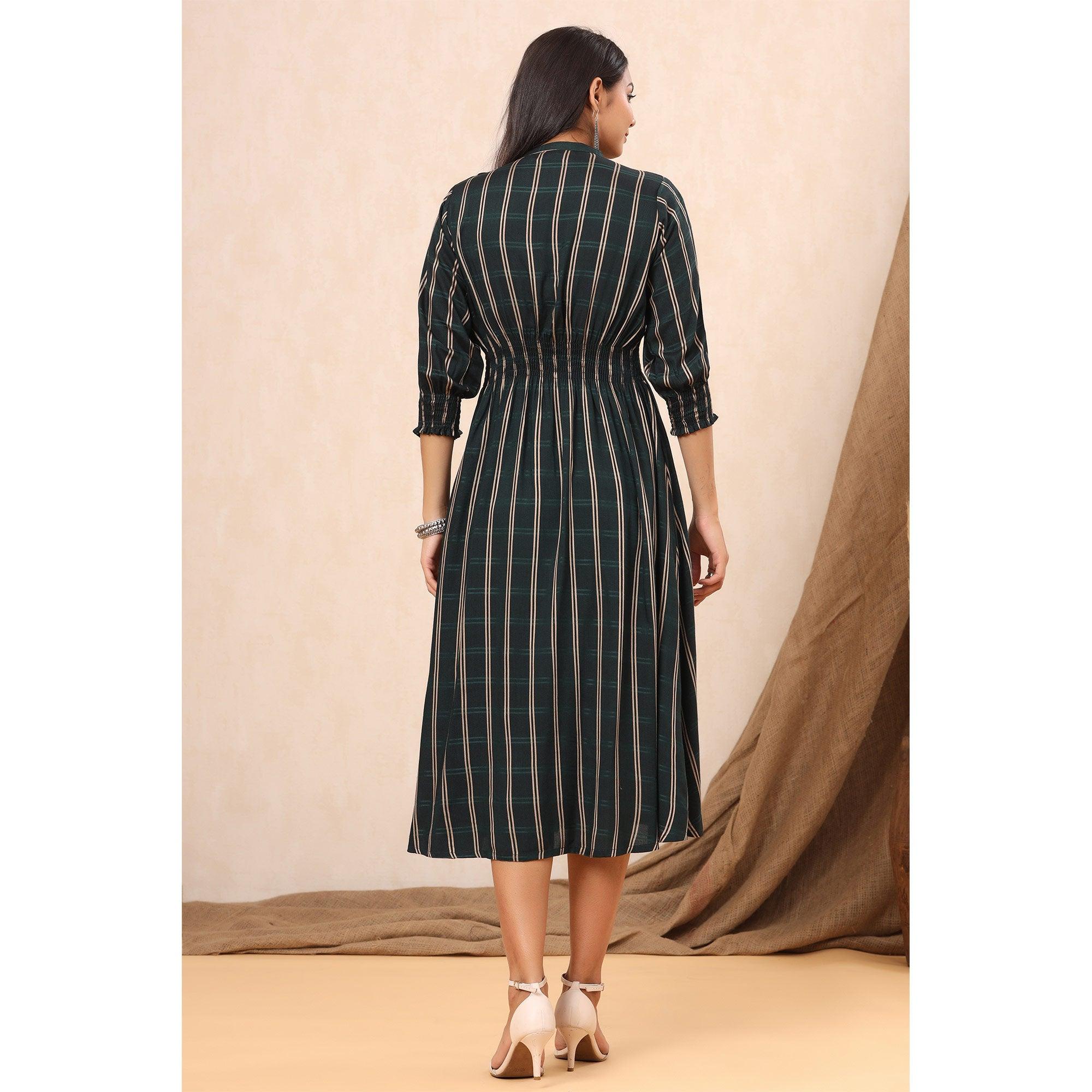 Green Stripe Printed Rayon Dress - Peachmode