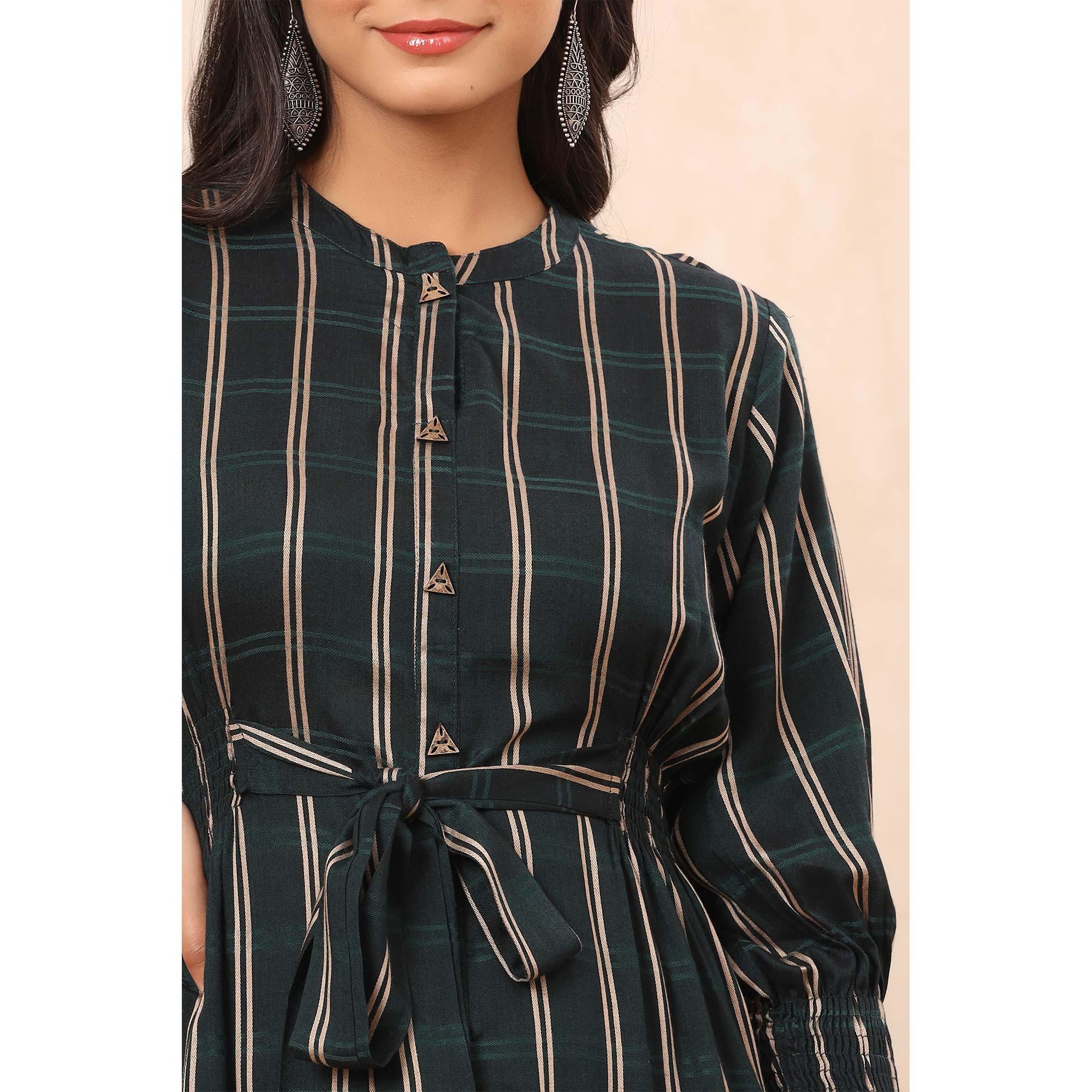 Green Stripe Printed Rayon Dress - Peachmode