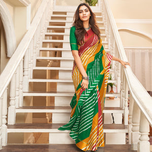 Green Striped Printed Art Silk Saree - Peachmode