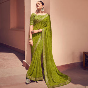 Green Striped Printed Georgette Saree - Peachmode