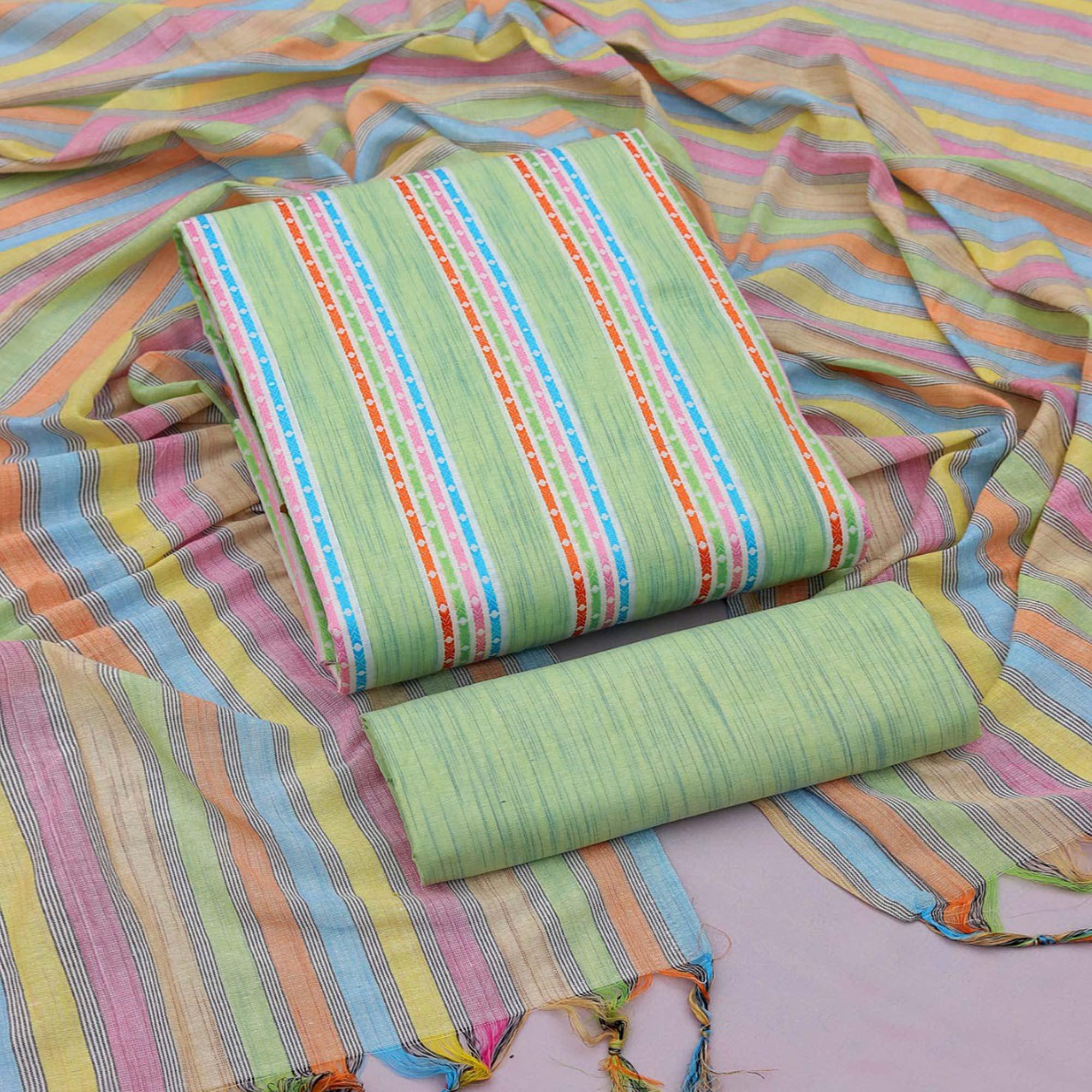 Green Stripes Printed Cotton Blend Dress Material - Peachmode