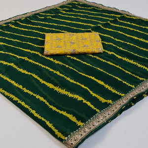 Green Stripes Printed Georgette Saree - Peachmode