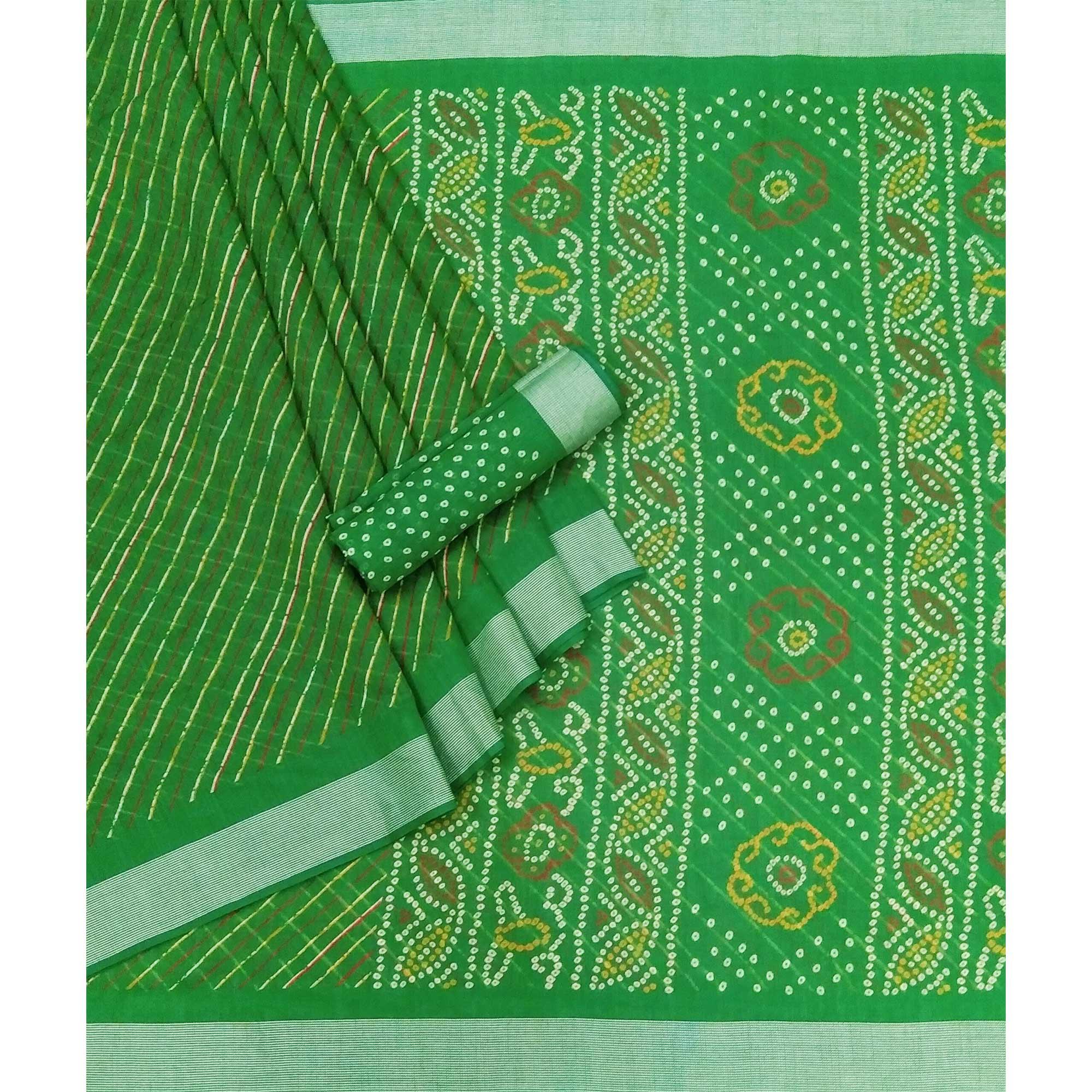 Green Stripes Printed Poly Cotton Saree - Peachmode
