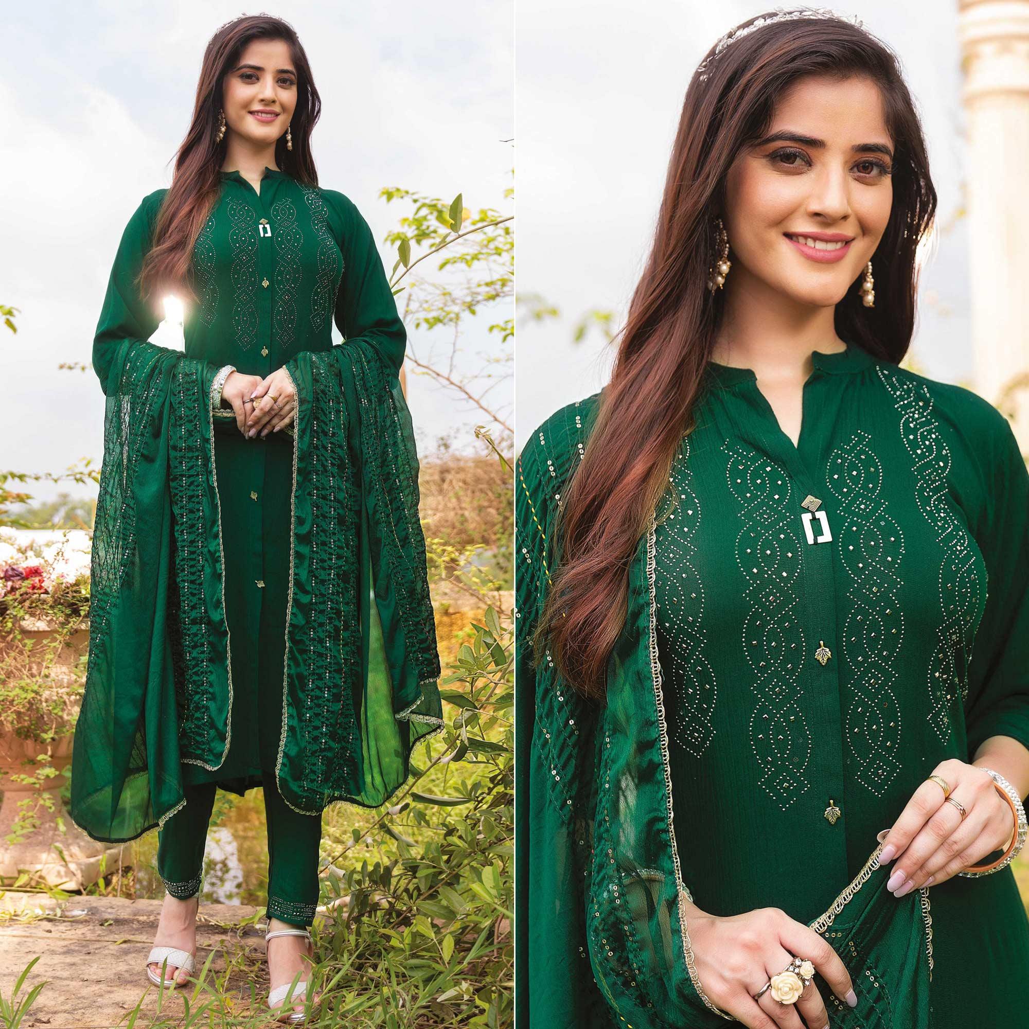 Green Swarovski Work Rayon Salwar Suit - Peachmode