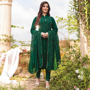 Green Swarovski Work Rayon Salwar Suit - Peachmode