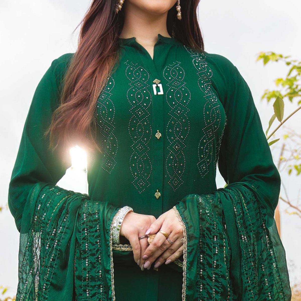 Green Swarovski Work Rayon Salwar Suit - Peachmode