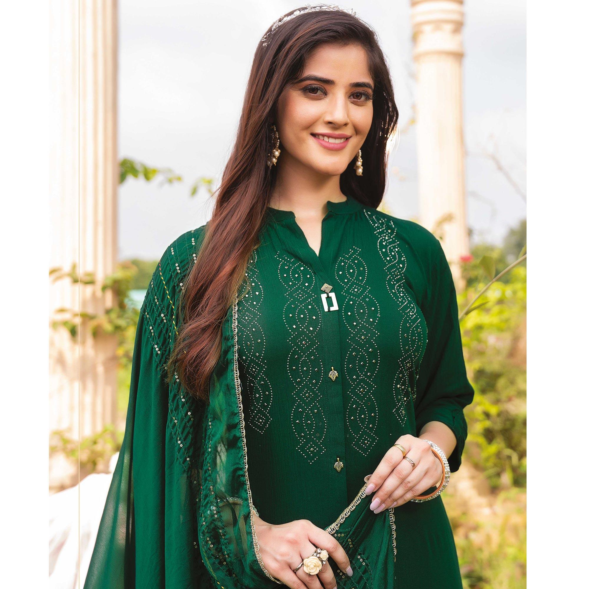 Green Swarovski Work Rayon Salwar Suit - Peachmode