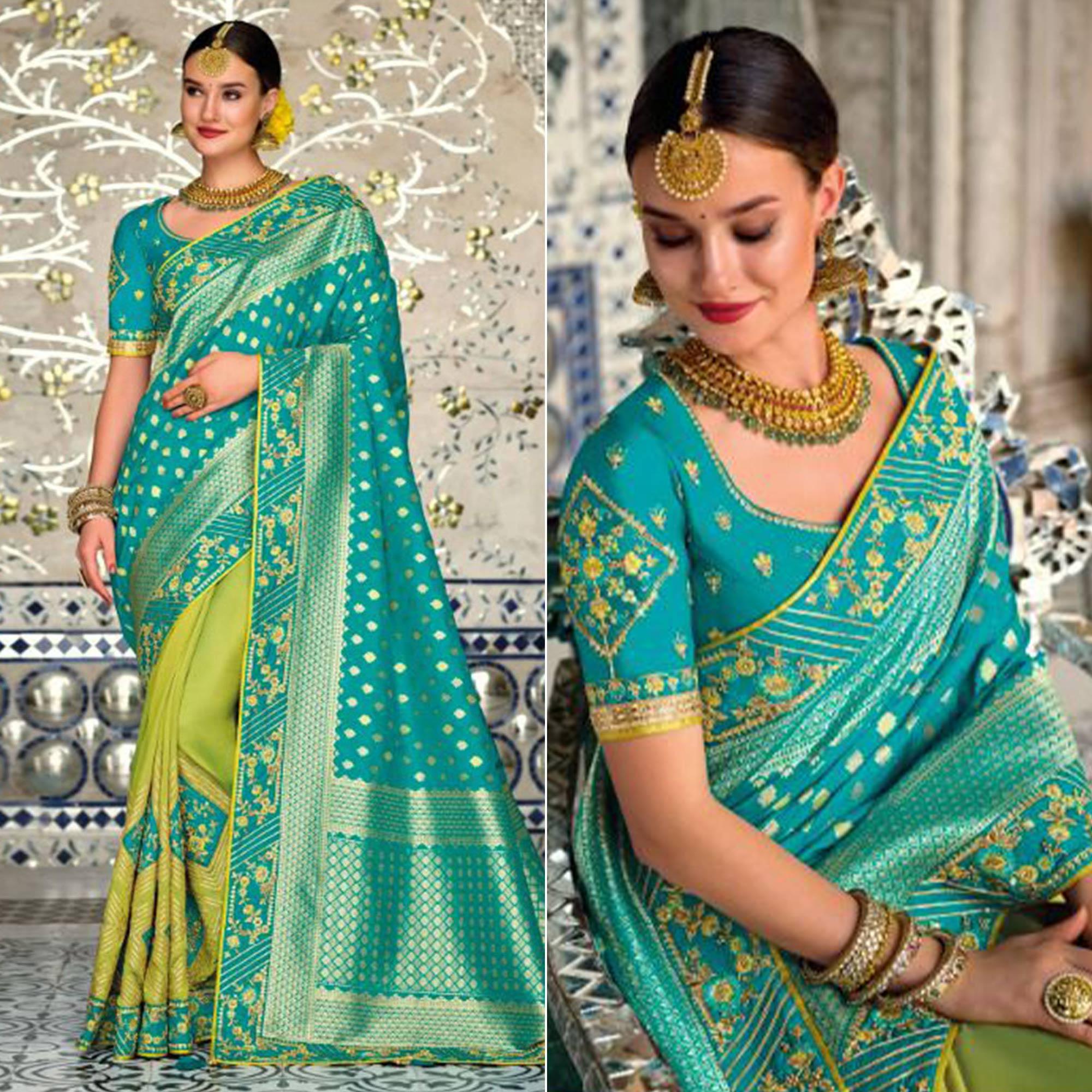 Green-Turquoise Festive Wear Woven Banarasi Silk Half & Half Saree - Peachmode