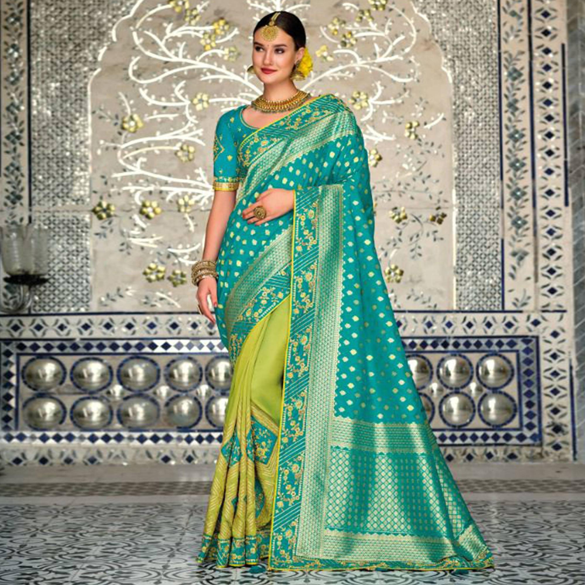 Green-Turquoise Festive Wear Woven Banarasi Silk Half & Half Saree - Peachmode