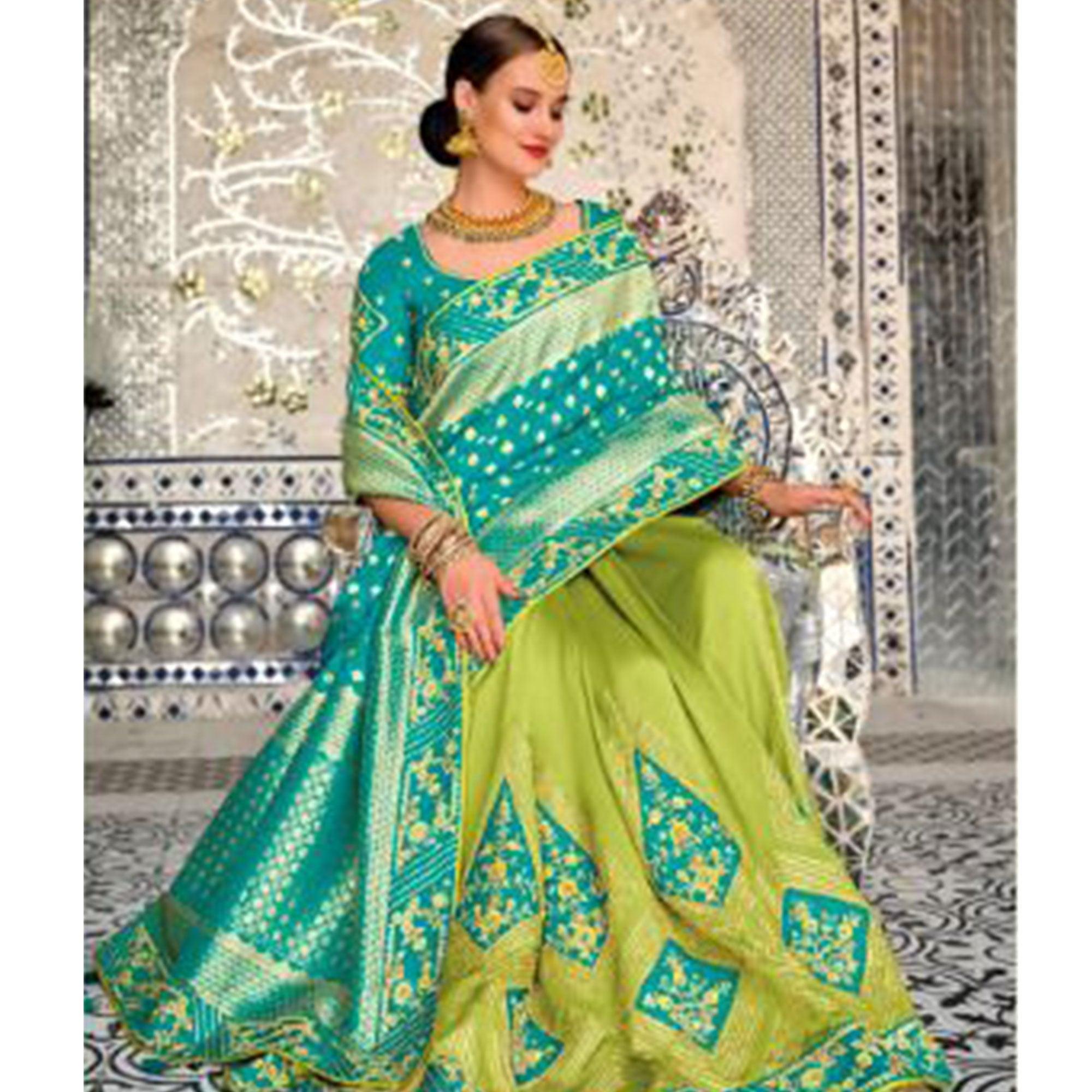 Green-Turquoise Festive Wear Woven Banarasi Silk Half & Half Saree - Peachmode