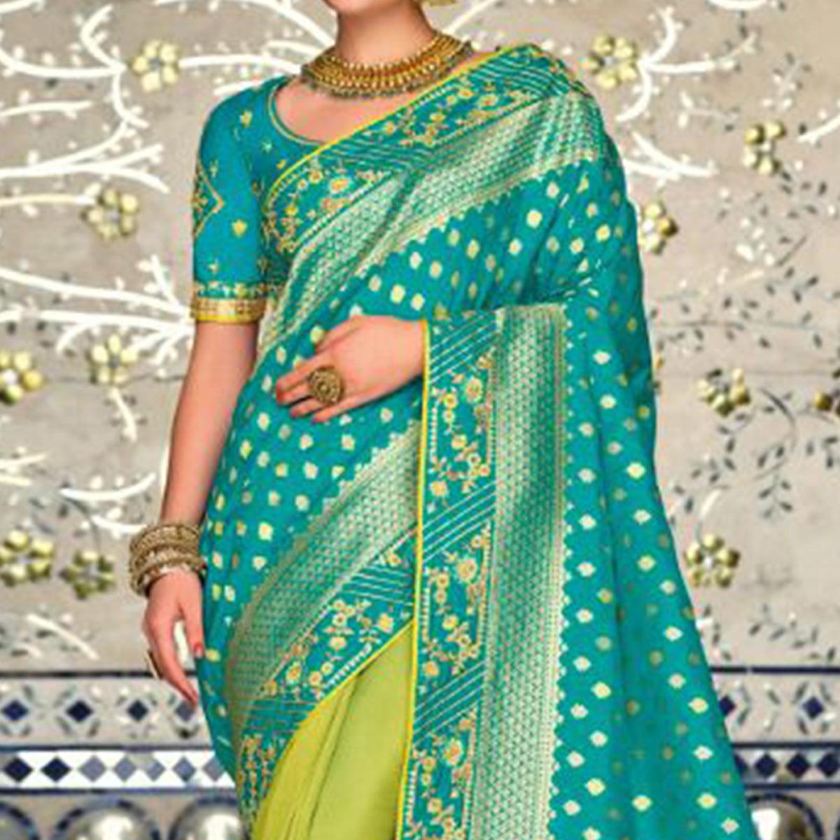 Green-Turquoise Festive Wear Woven Banarasi Silk Half & Half Saree - Peachmode