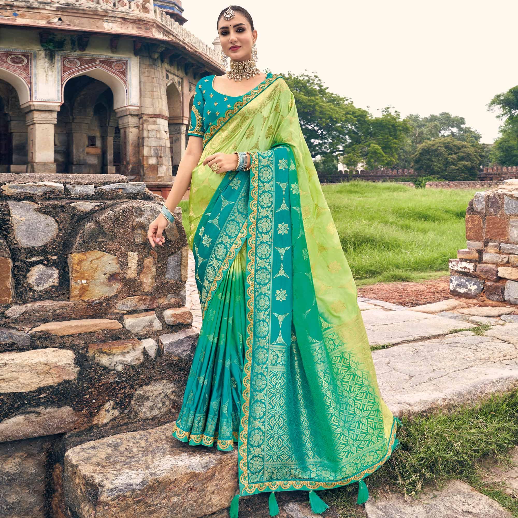 Green-Turquoise Woven Banarasi Silk Saree With Tassels - Peachmode