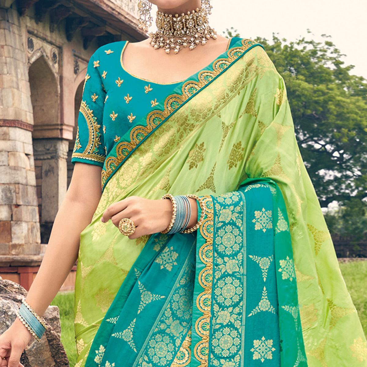 Green-Turquoise Woven Banarasi Silk Saree With Tassels - Peachmode