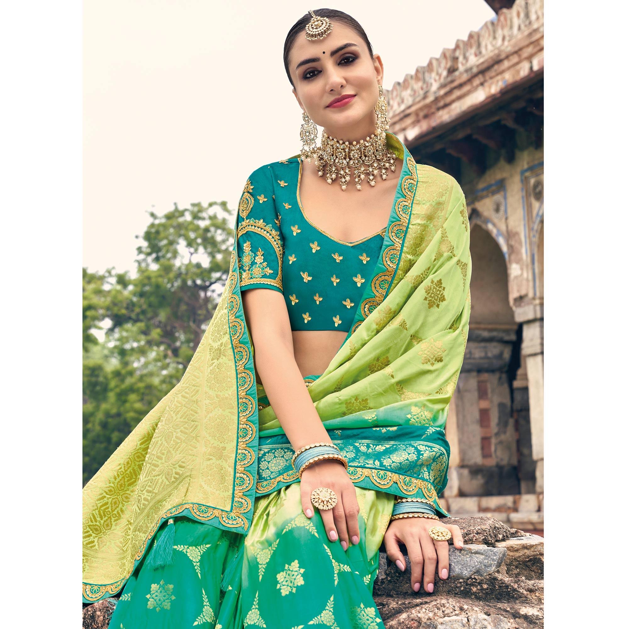 Green-Turquoise Woven Banarasi Silk Saree With Tassels - Peachmode