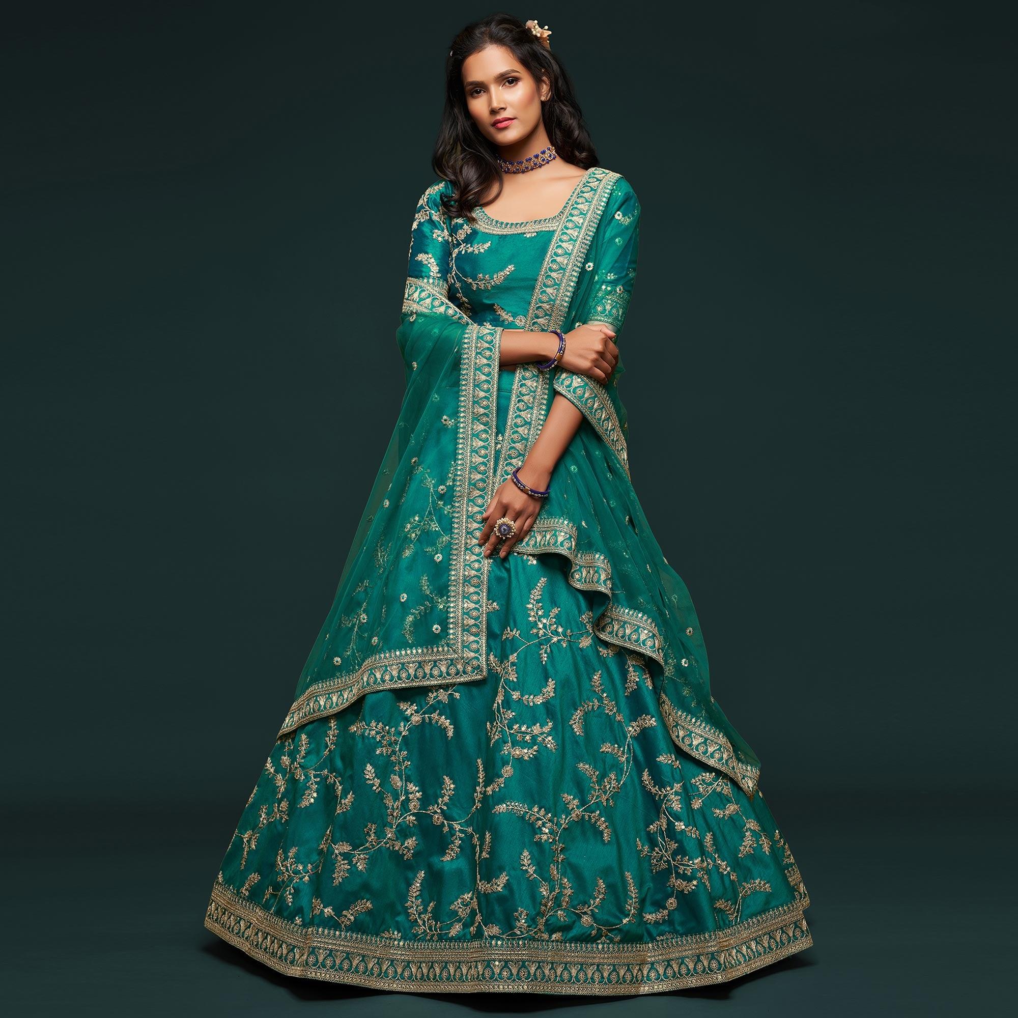 Green Wedding Floral Sequins Embroidered Art Silk Lehenga Choli - Peachmode