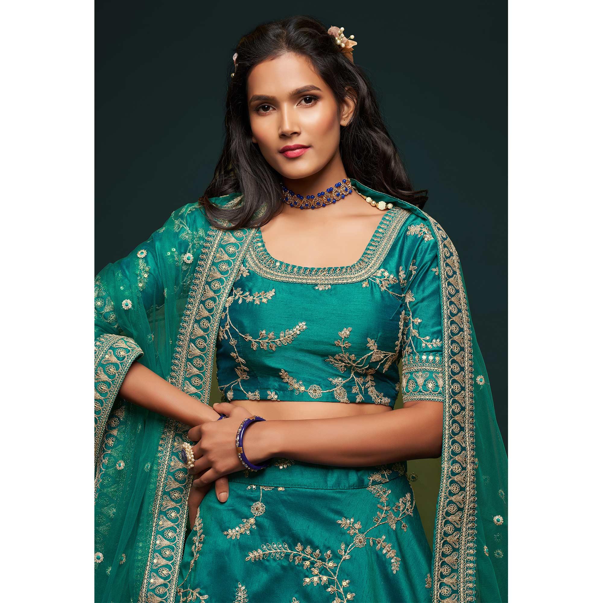 Green Wedding Floral Sequins Embroidered Art Silk Lehenga Choli - Peachmode