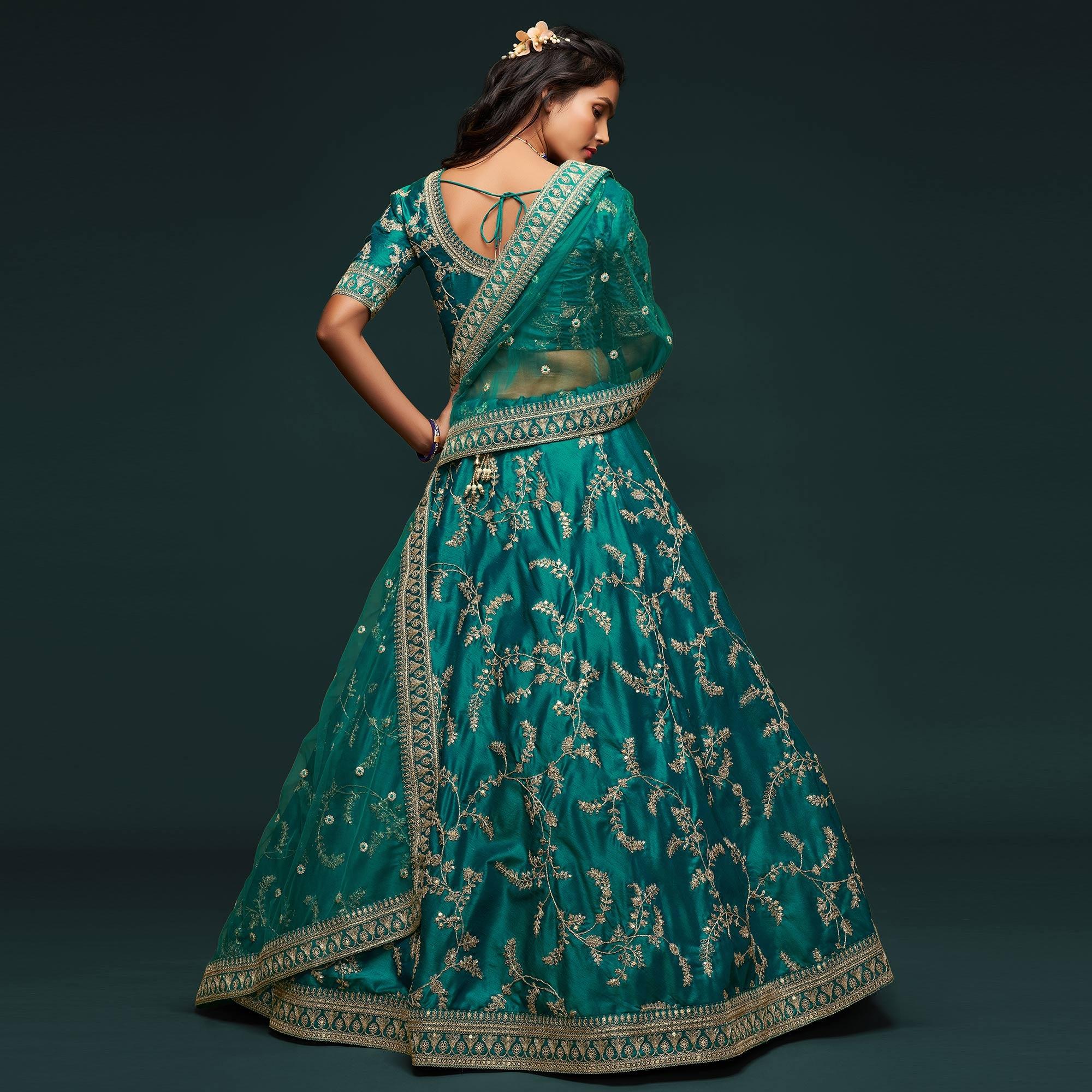 Green Wedding Floral Sequins Embroidered Art Silk Lehenga Choli - Peachmode