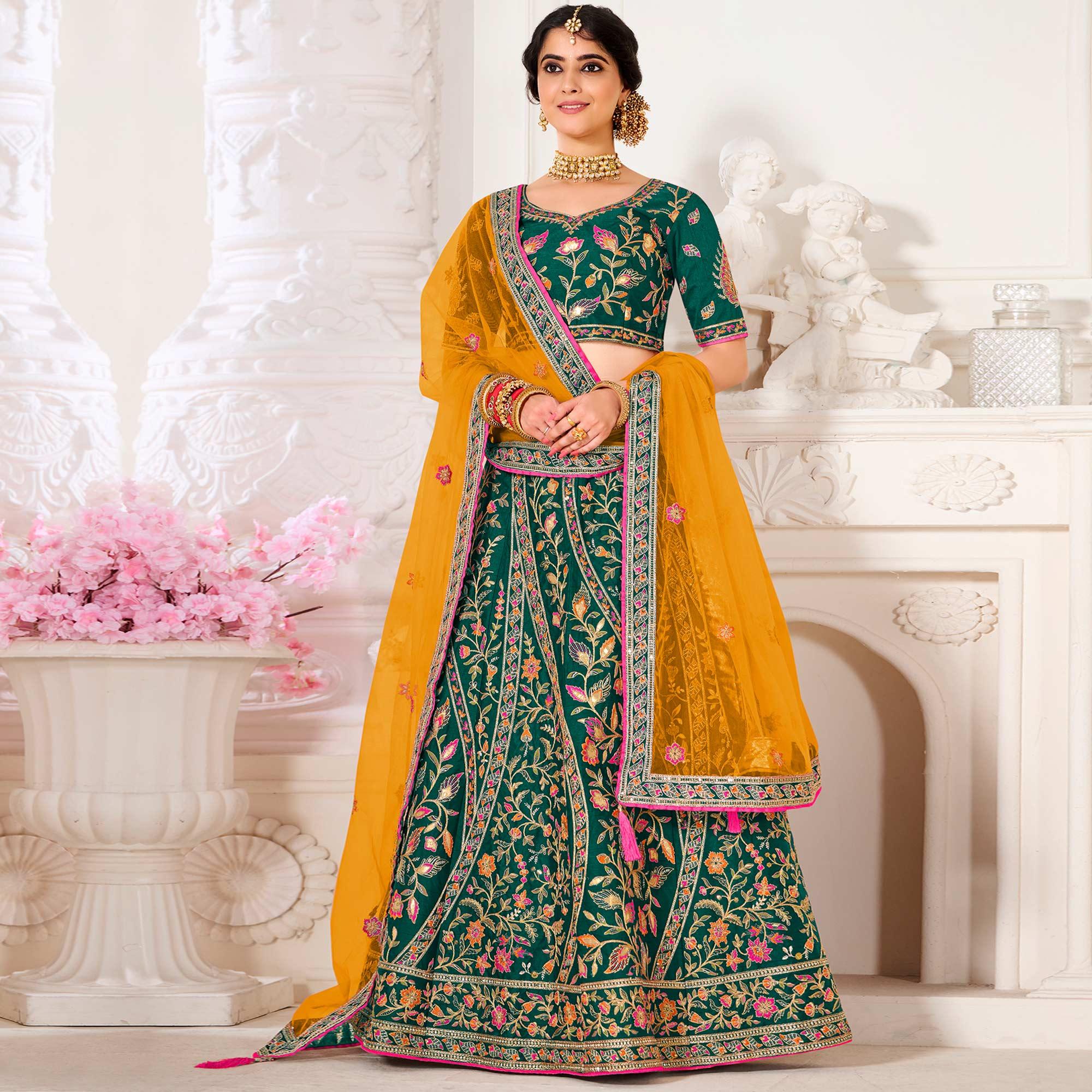 Green Wedding Wear Embroidered Silk Lehenga Choli - Peachmode