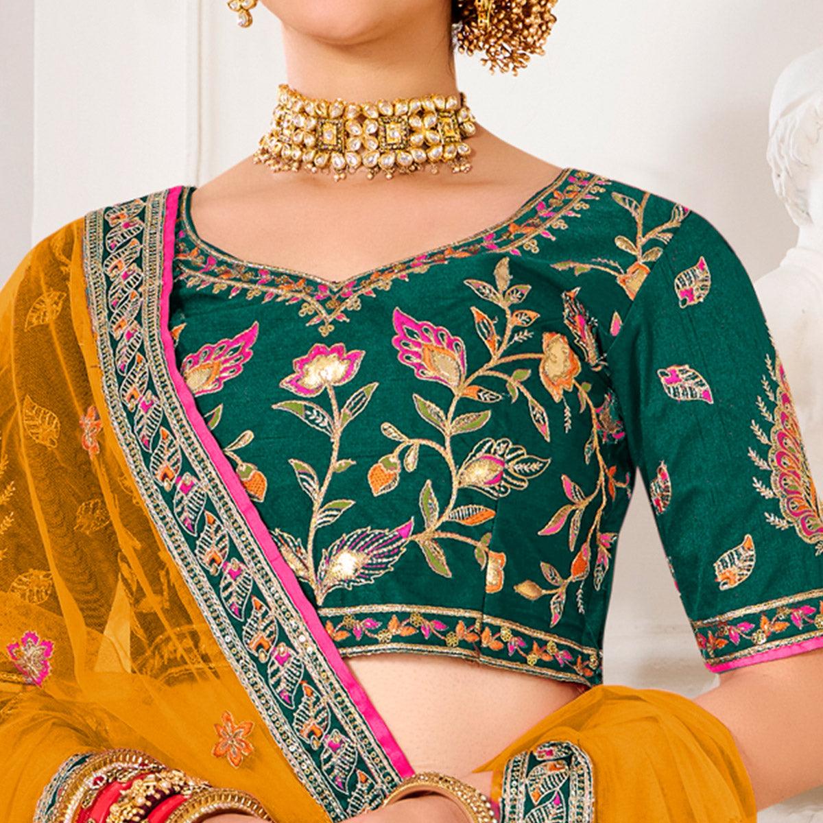 Green Wedding Wear Embroidered Silk Lehenga Choli - Peachmode