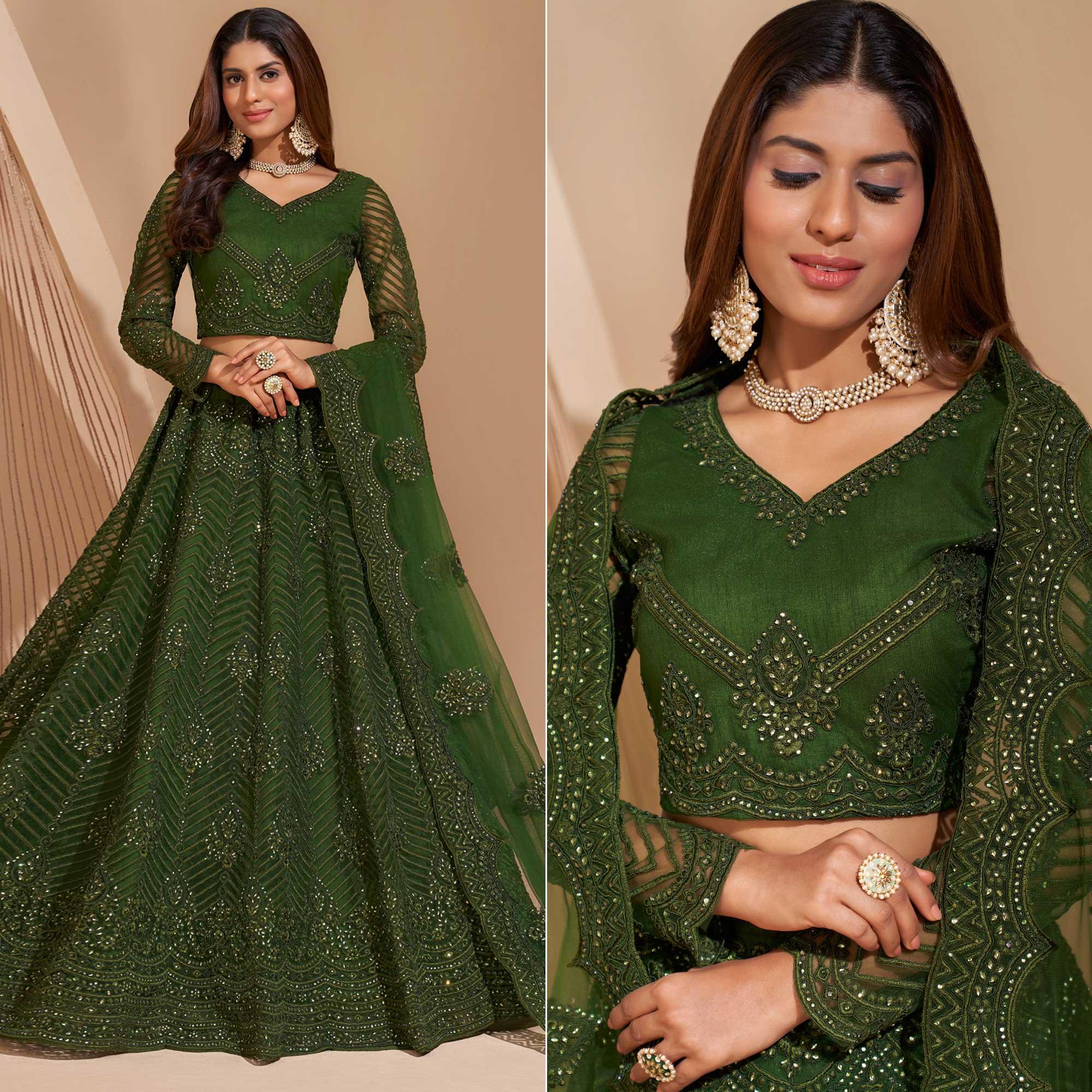Green Wedding Wear Embroidered With Embellished Net Lehenga Choli - Peachmode