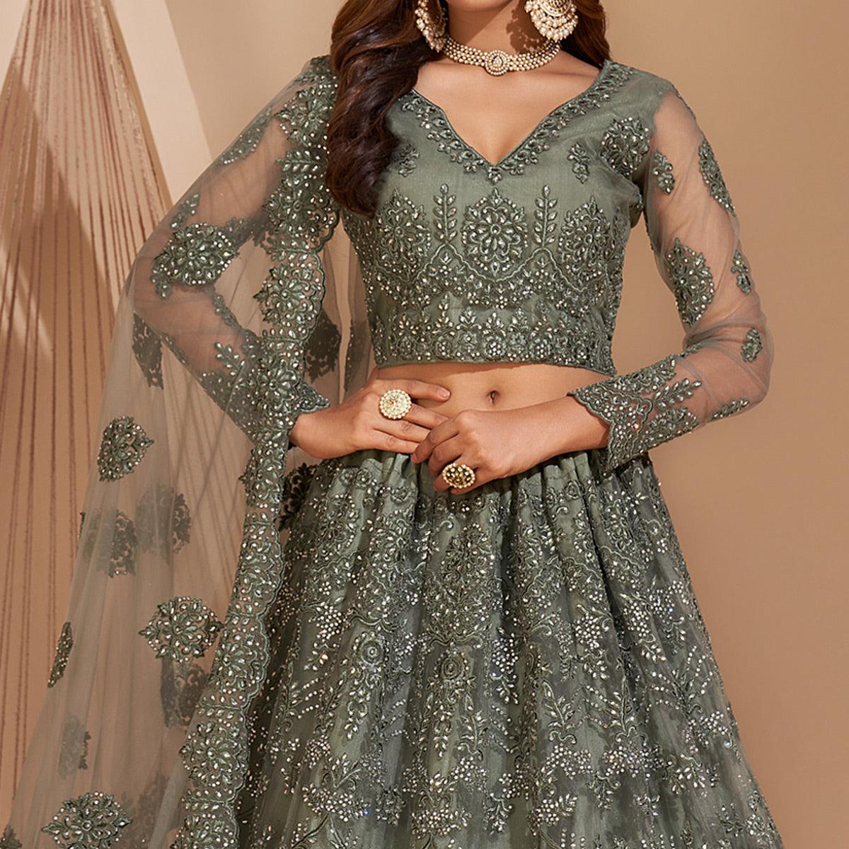 Green Wedding Wear Embroidered With Embellished Net Lehenga Choli - Peachmode
