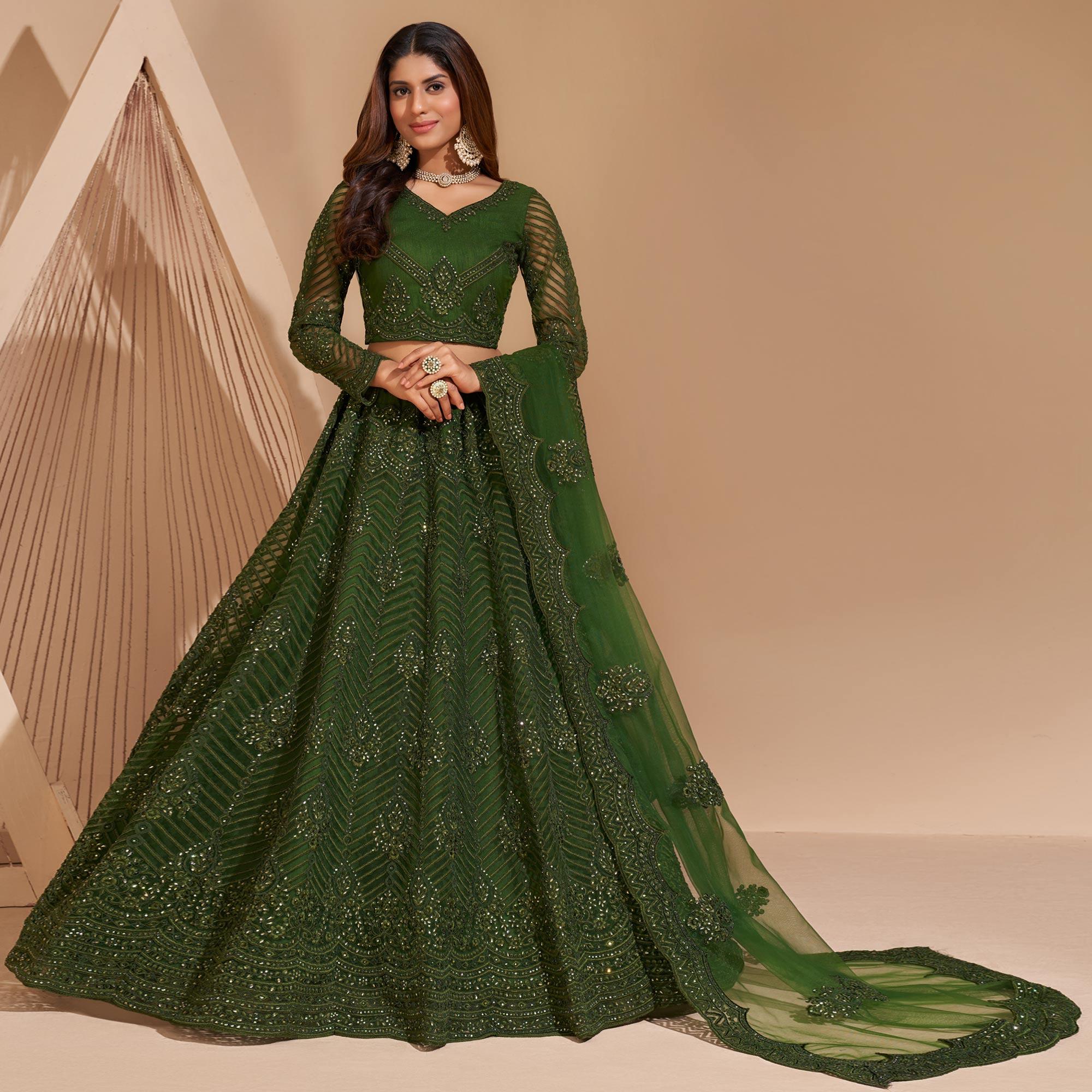 Green Wedding Wear Embroidered With Embellished Net Lehenga Choli - Peachmode