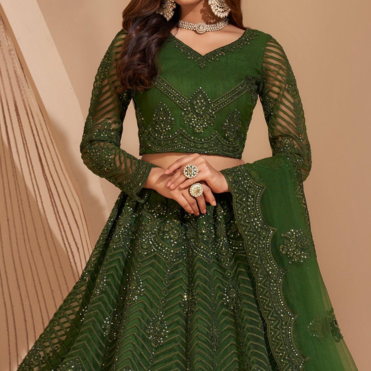 Green Wedding Wear Embroidered With Embellished Net Lehenga Choli - Peachmode