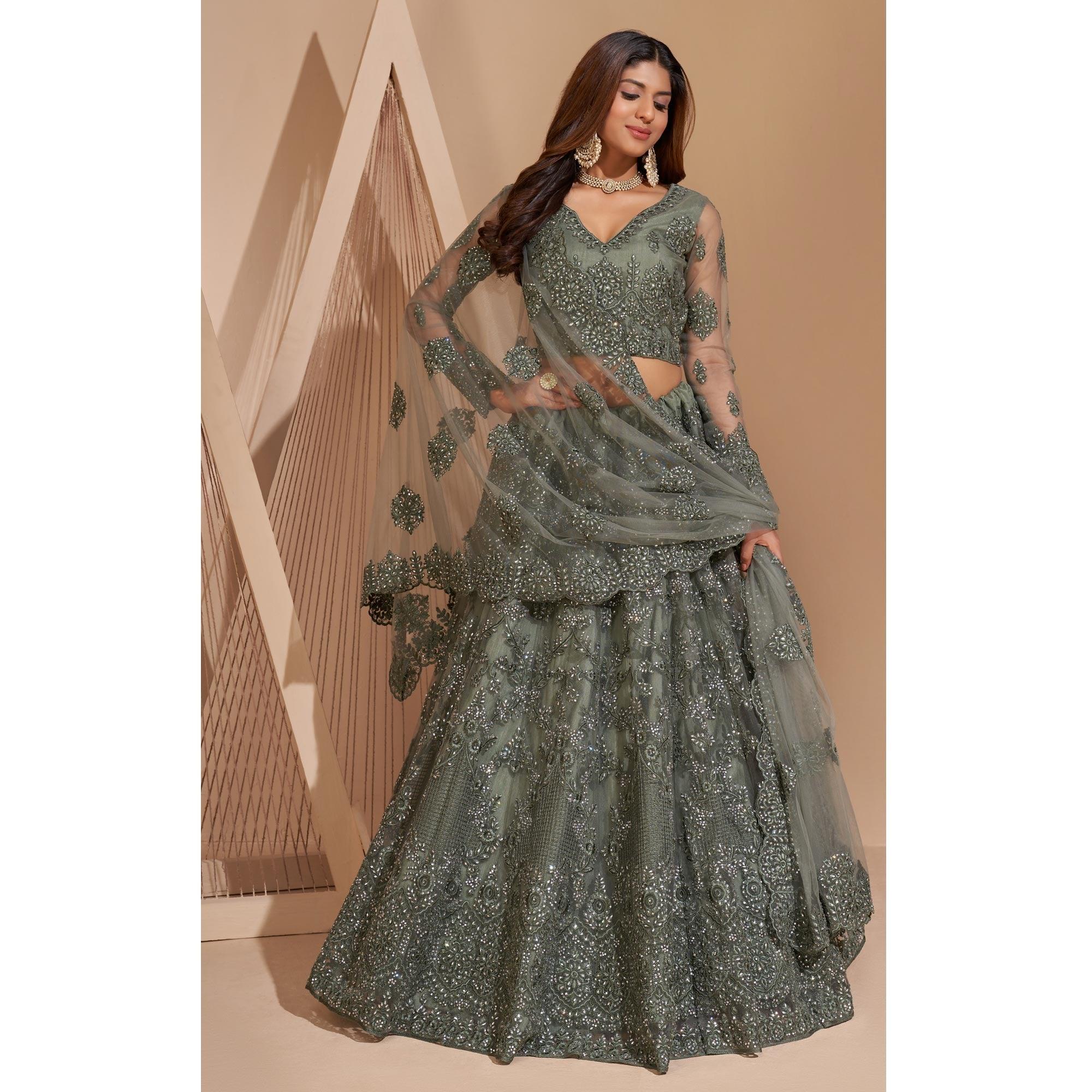 Green Wedding Wear Embroidered With Embellished Net Lehenga Choli - Peachmode