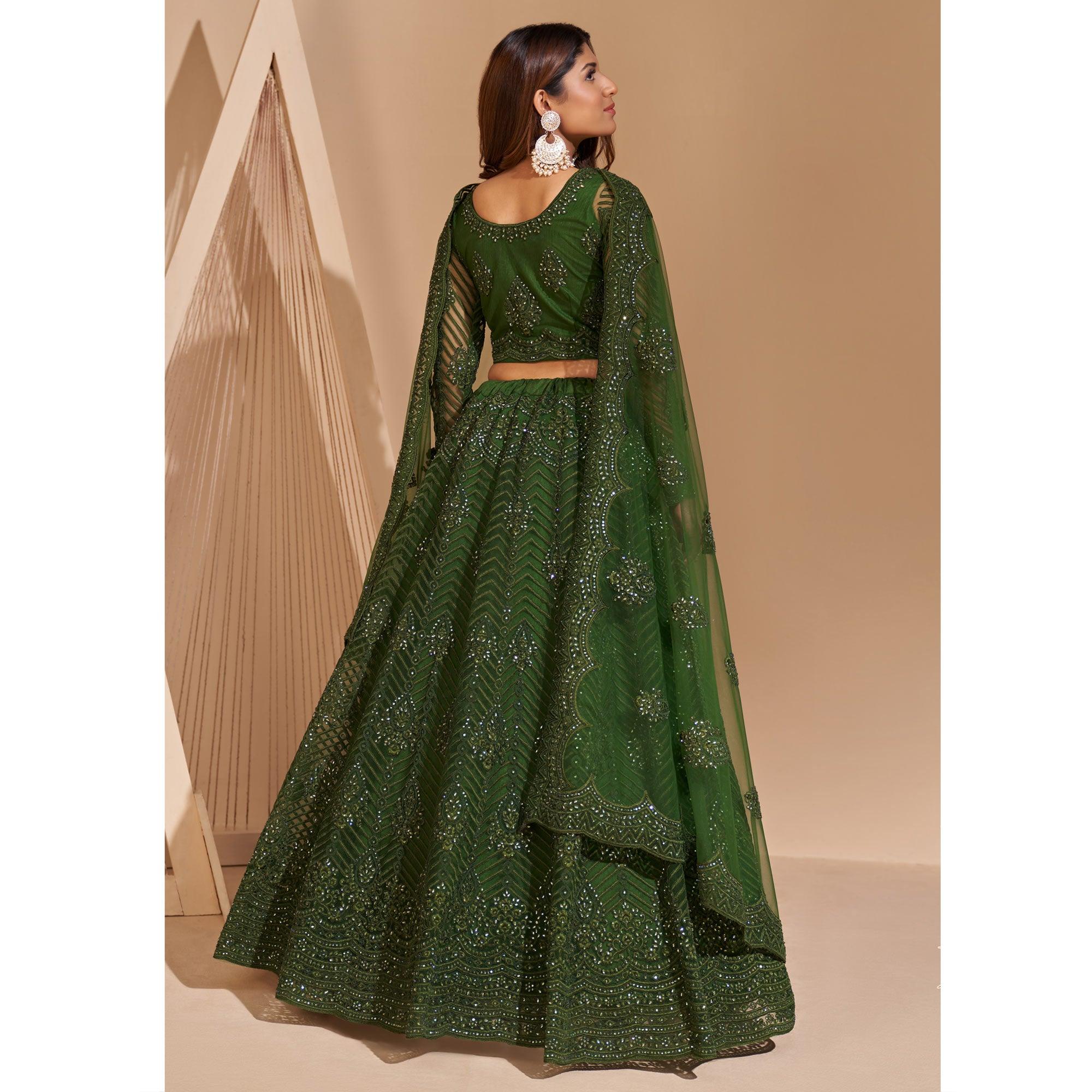 Green Wedding Wear Embroidered With Embellished Net Lehenga Choli - Peachmode