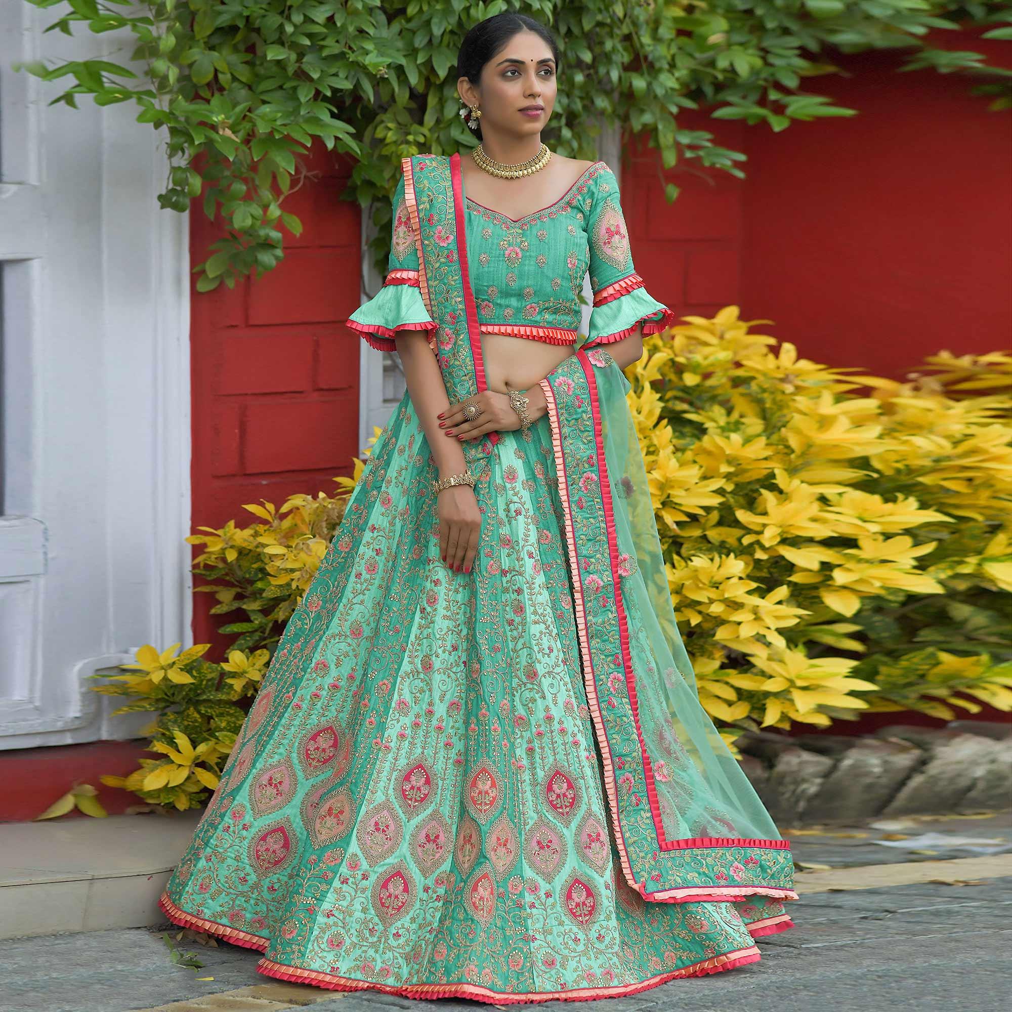 Green Wedding Wear Floral Embroidery & Resham Work Silk Lehenga Choli - Peachmode