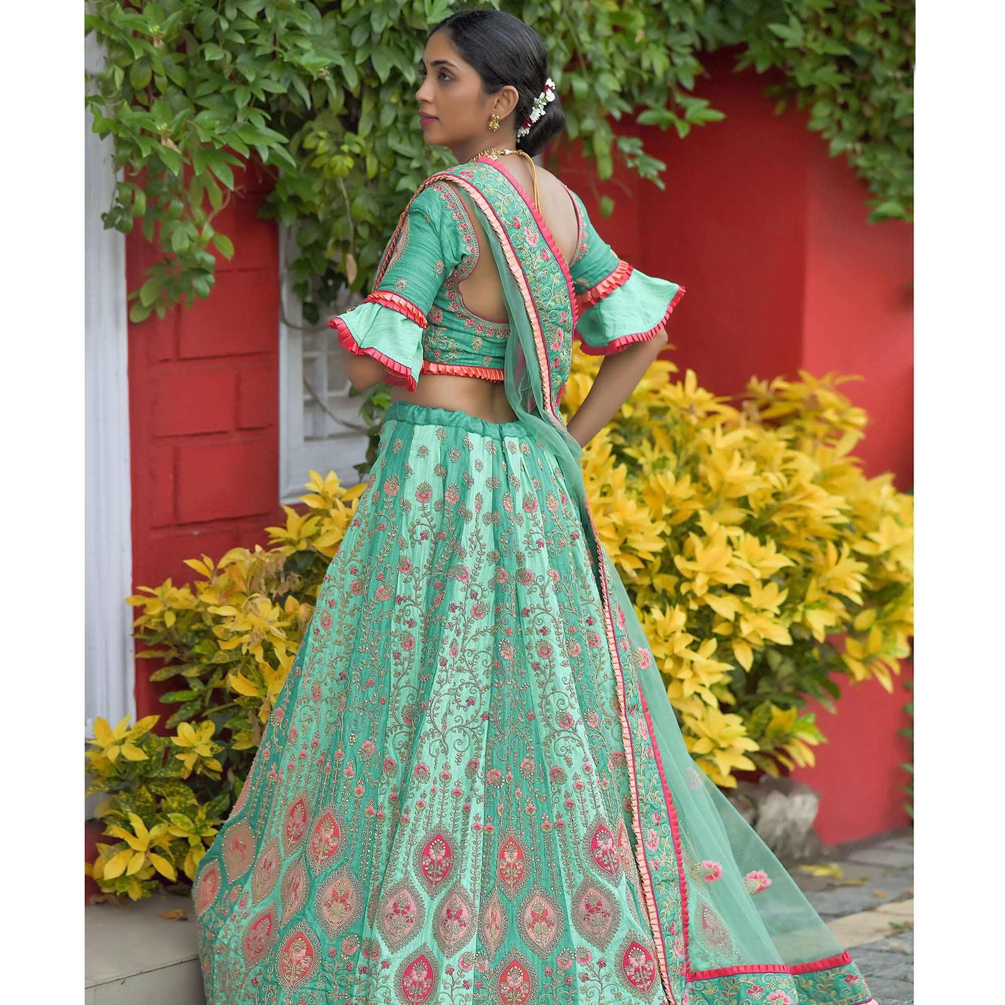 Green Wedding Wear Floral Embroidery & Resham Work Silk Lehenga Choli - Peachmode