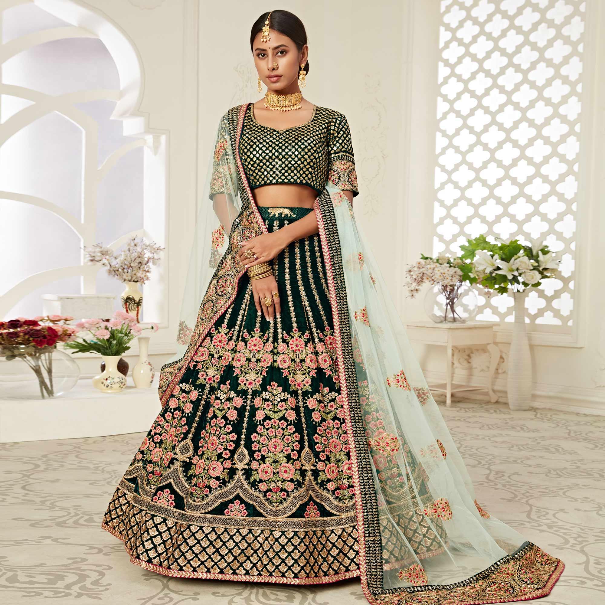 Green Wedding Wear Floral Sequins Embroidered With Diamond Velvet Lehenga Choli - Peachmode