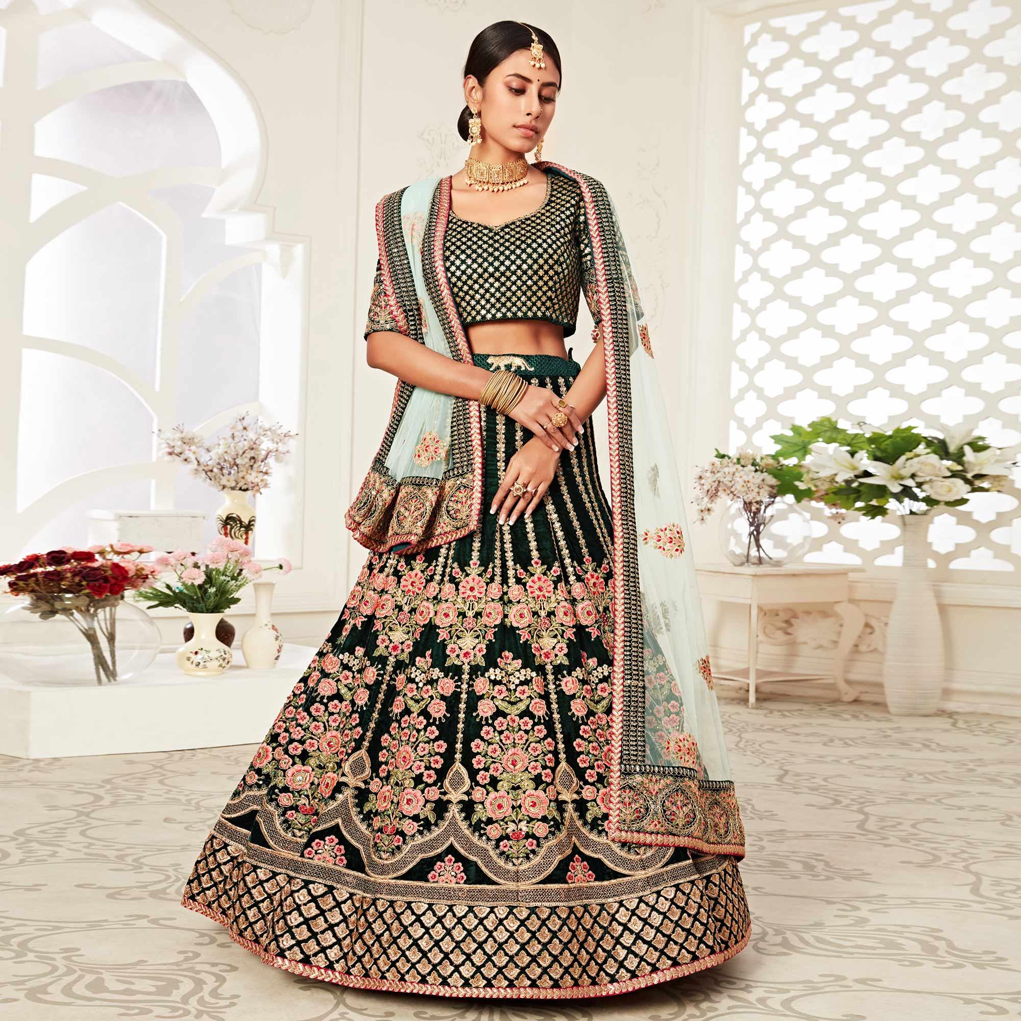 Green Wedding Wear Floral Sequins Embroidered With Diamond Velvet Lehenga Choli - Peachmode