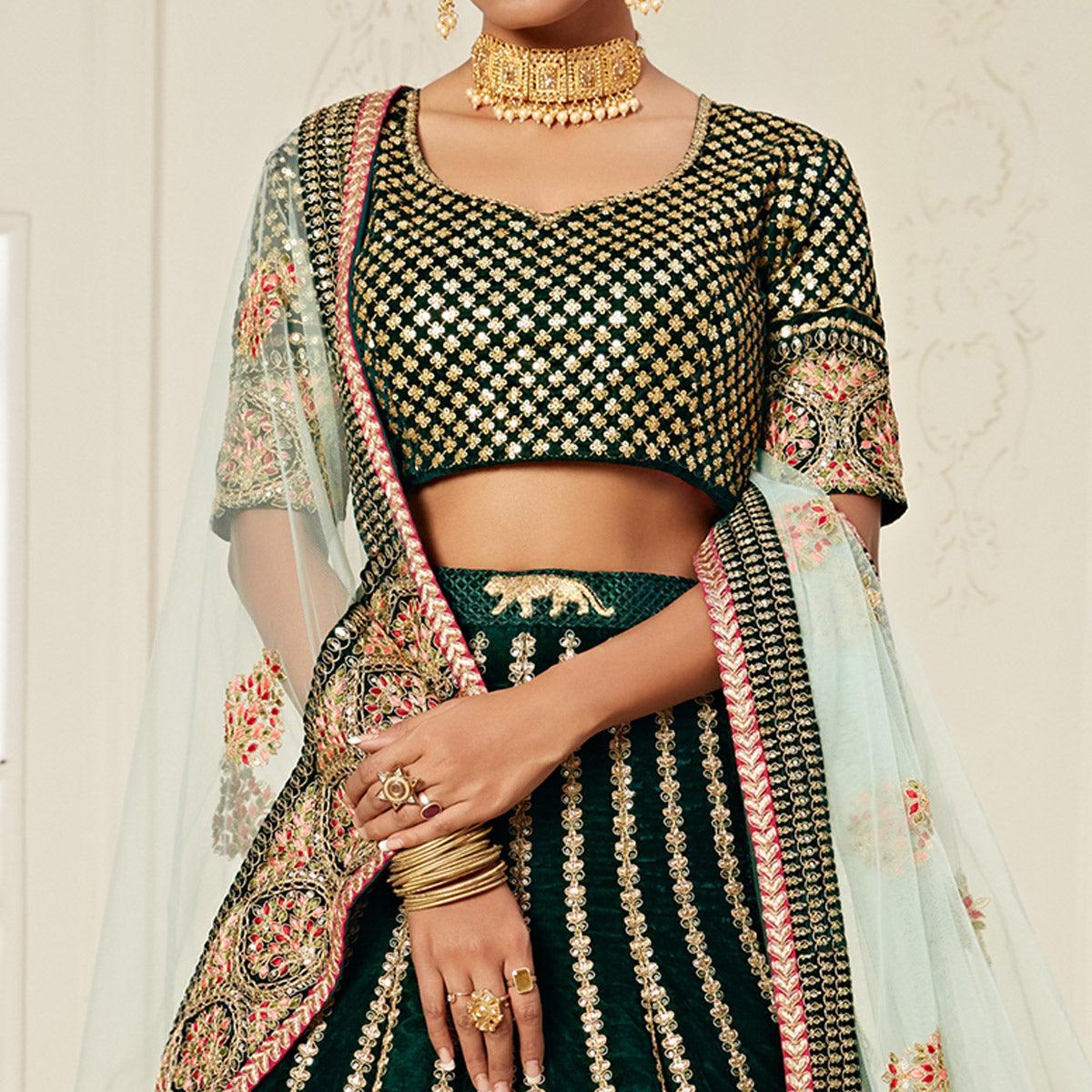 Green Wedding Wear Floral Sequins Embroidered With Diamond Velvet Lehenga Choli - Peachmode