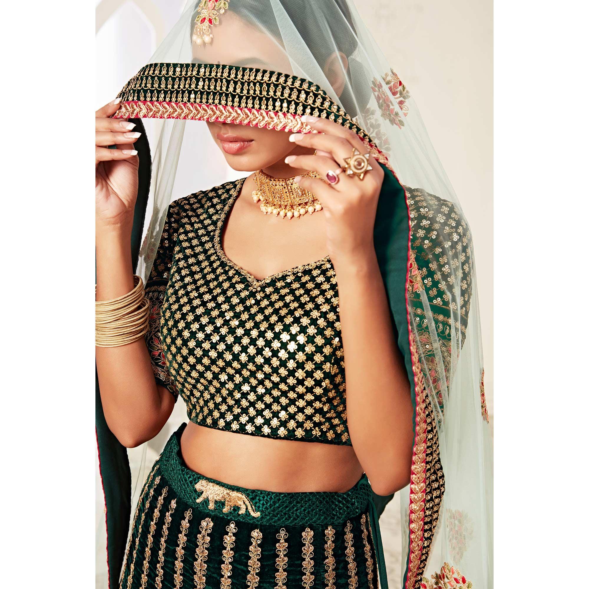 Green Wedding Wear Floral Sequins Embroidered With Diamond Velvet Lehenga Choli - Peachmode