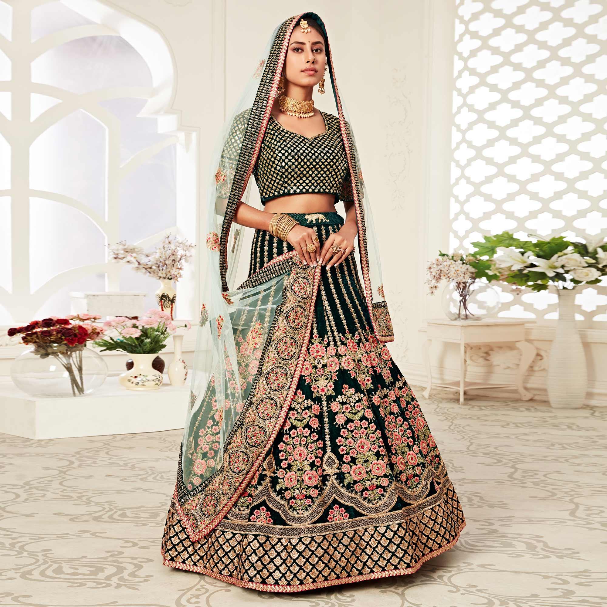 Green Wedding Wear Floral Sequins Embroidered With Diamond Velvet Lehenga Choli - Peachmode
