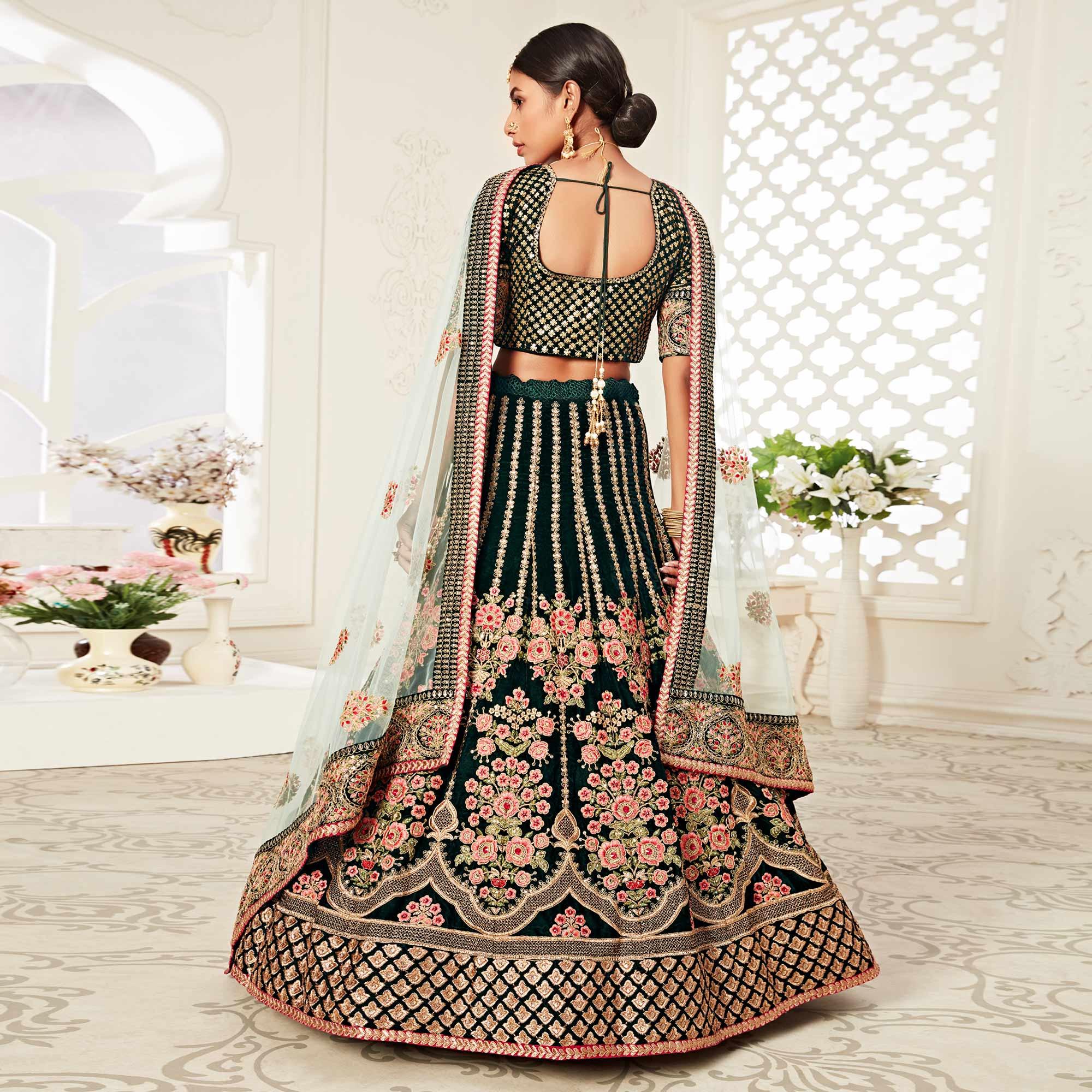 Green Wedding Wear Floral Sequins Embroidered With Diamond Velvet Lehenga Choli - Peachmode